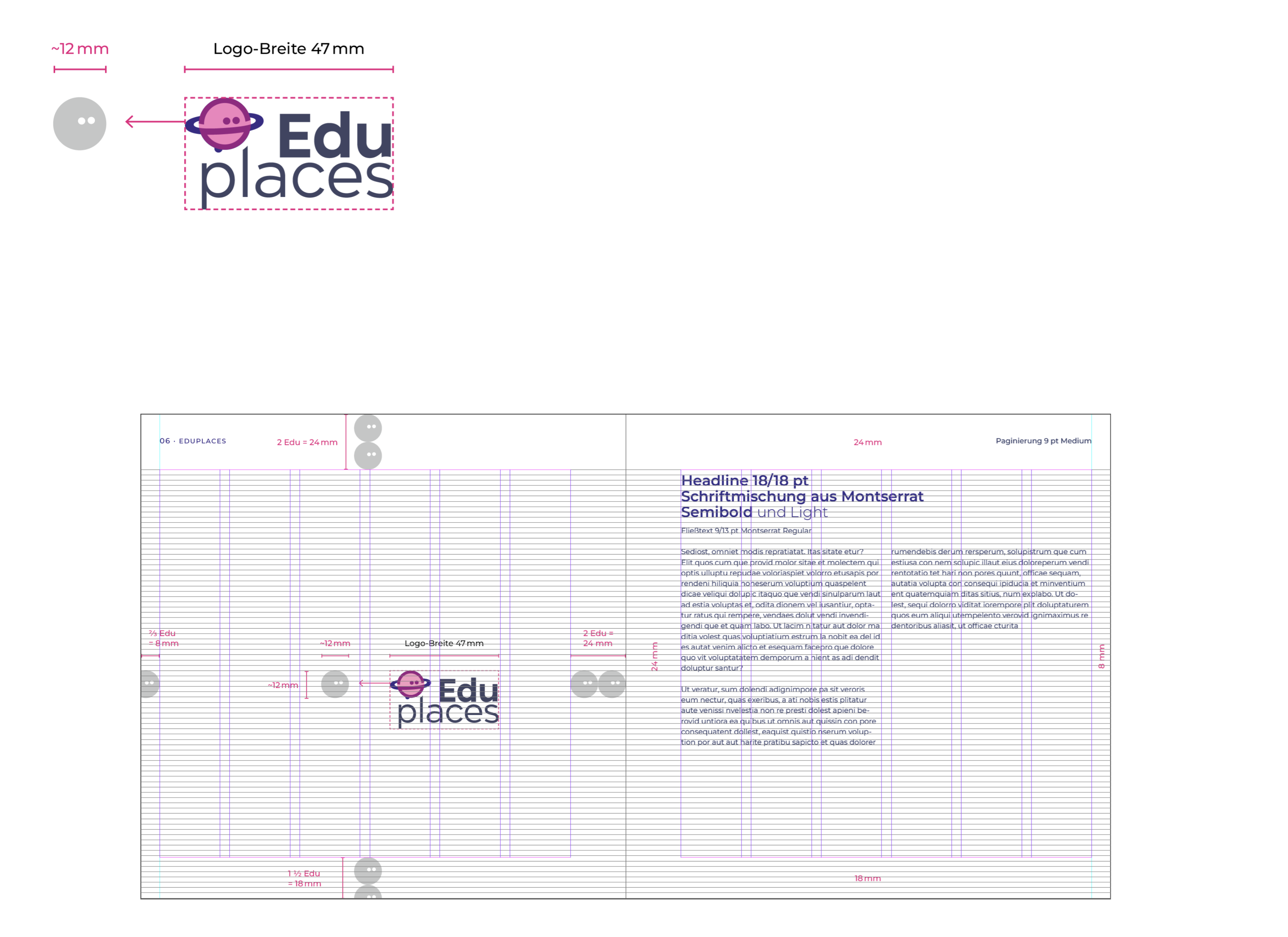 Eduplaces Markenrichtlinie mit Logo-Platzierung, Größenvorgaben und Anwendungsbeispiel auf einer Dokumentseite mit Gestaltungsgitter