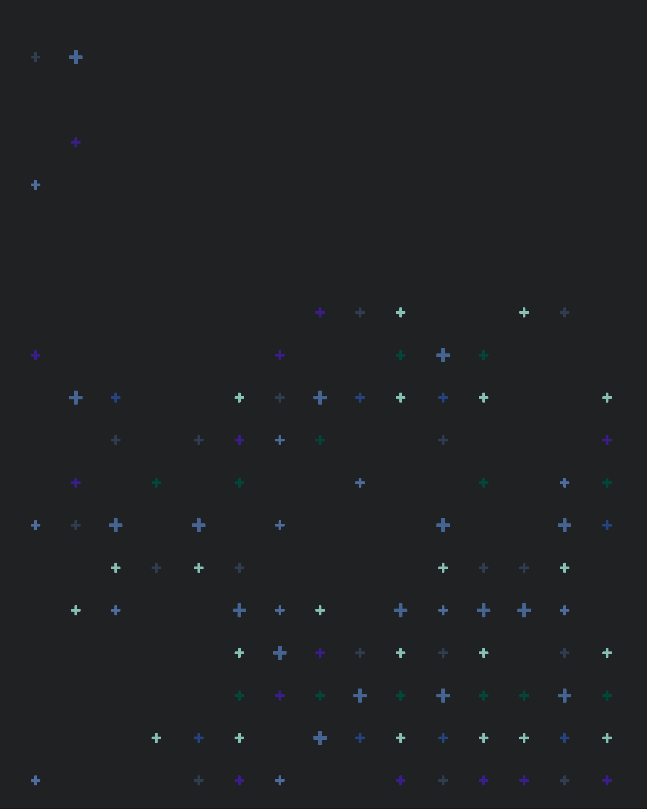 Abstrakte grafische Darstellung mit zahlreichen farbigen Plus-Symbolen in Blau, Grün und Violett auf dunklem Hintergrund für IServ Markenentwicklung