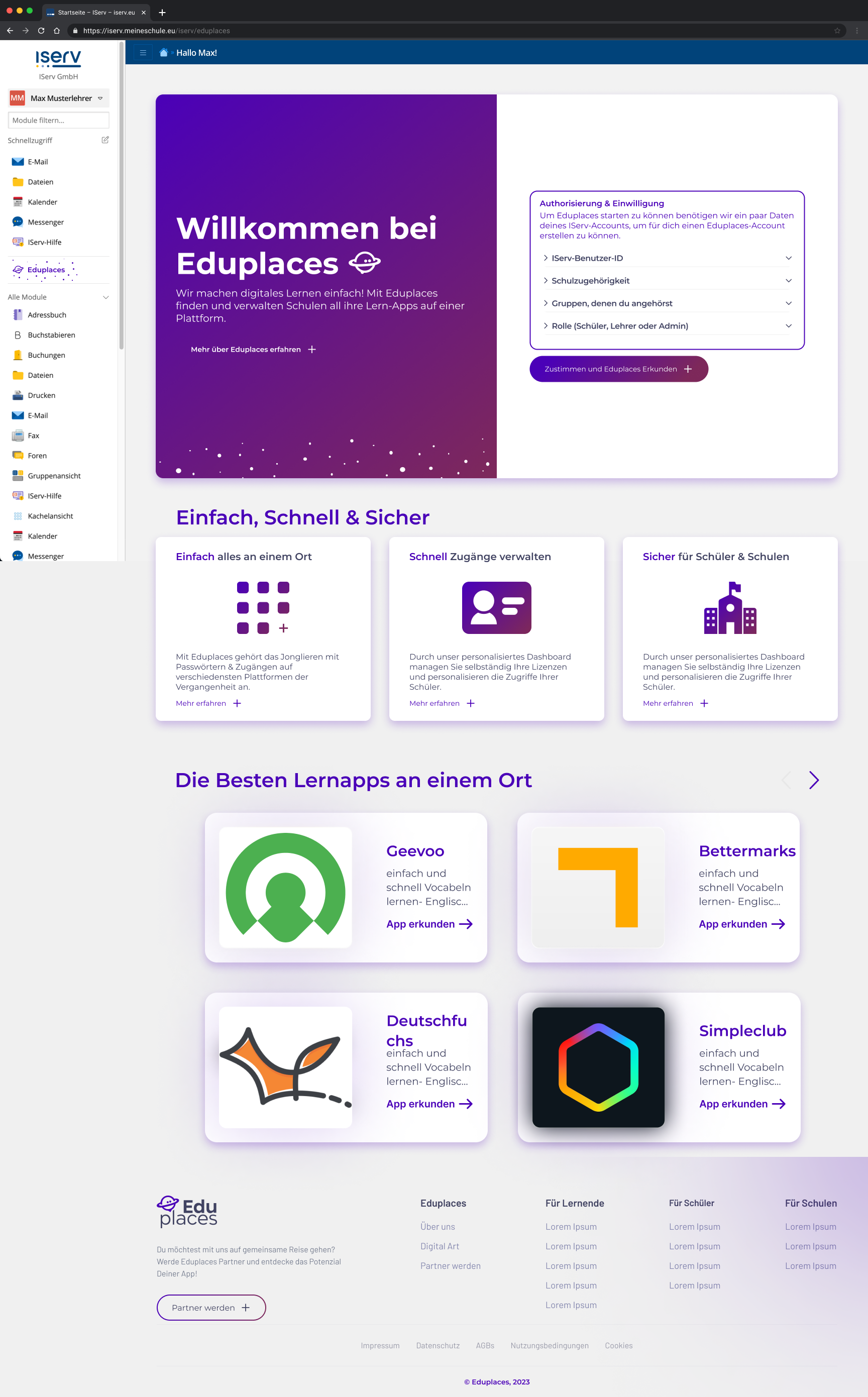 Eduplaces Startseite mit Willkommensbereich, Authentifizierungsoptionen und Übersicht beliebter Lern-Apps wie Geevoo, Bettermarks und Deutschfuchs.