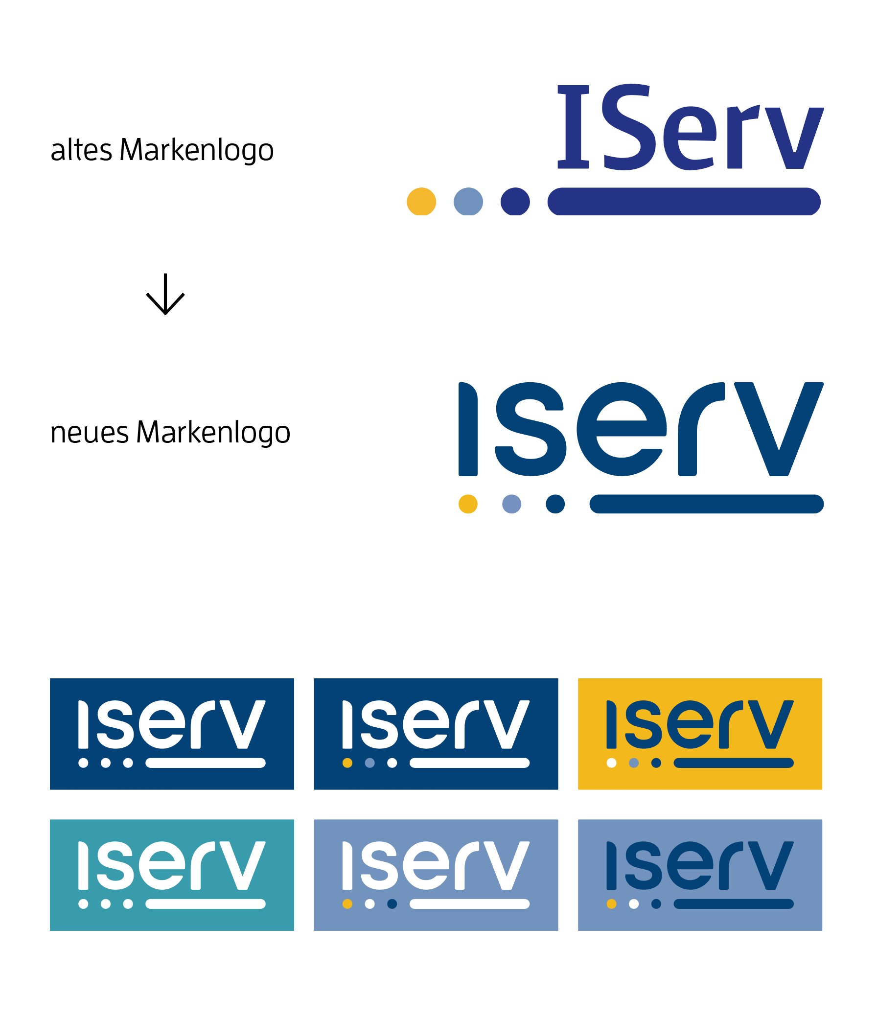 IServ Markenentwicklung: Altes und neues Logo mit Wort-Bild-Marke in verschiedenen Farbvarianten auf farbigen Hintergründen