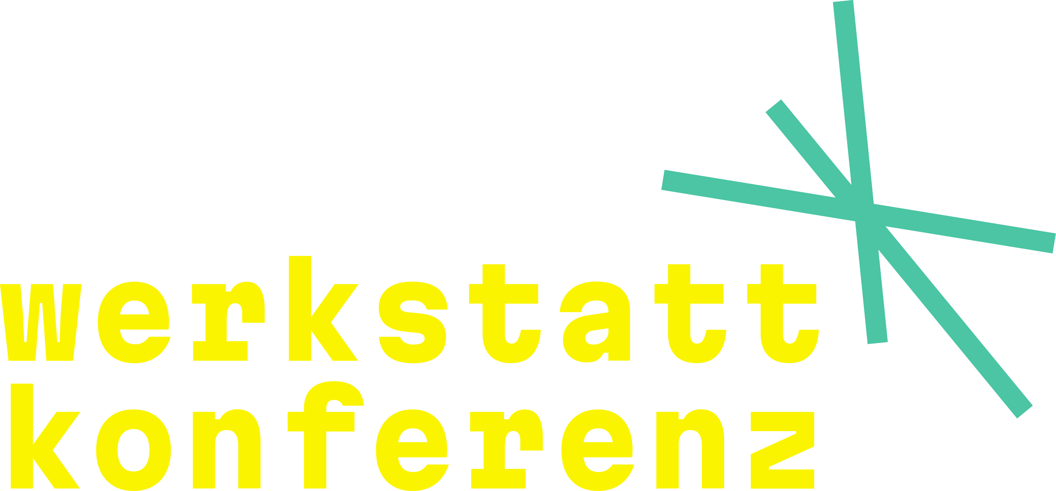 Werkstatt-Konferenz Logo mit gelbem Text und grünem Kreuzdesign auf weißem Hintergrund