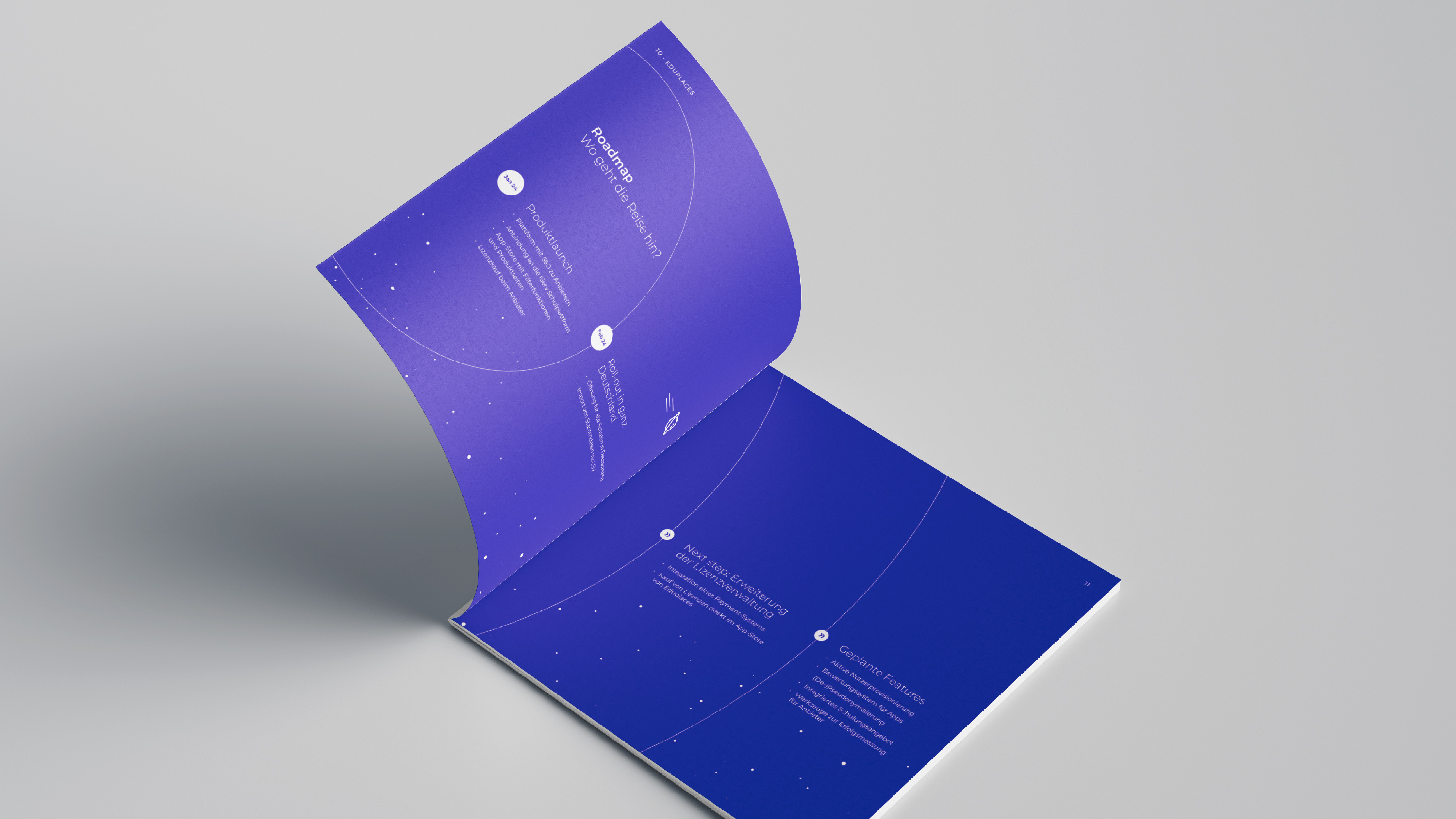 Aufgeschlagenes Designbuch mit blauem Gradient-Cover und geometrischen Elementen, Eduplaces Markenentwicklung, isometrische Produktansicht