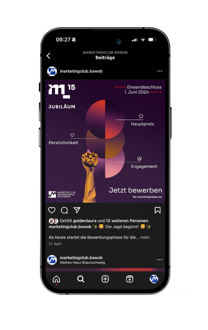 Marketingclub BSWOB 15-Jahre-Jubiläum Kampagne auf Instagram mit lila Farbdesign, goldener Faust und Call-to-Action zum Bewerben