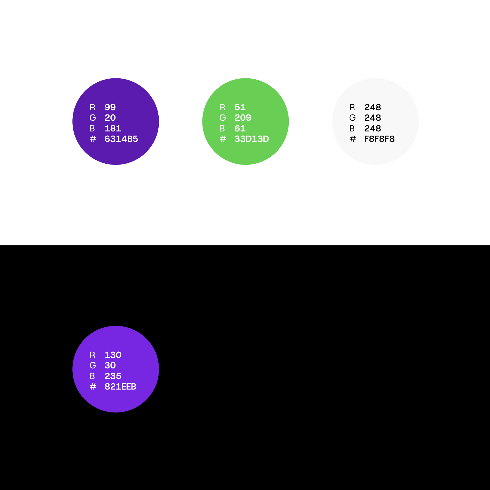 Farbpalette des Lex Mobilis Markendesigns mit RGB- und Hex-Werten: Violett, Grün und Grau auf weißem und schwarzem Hintergrund.