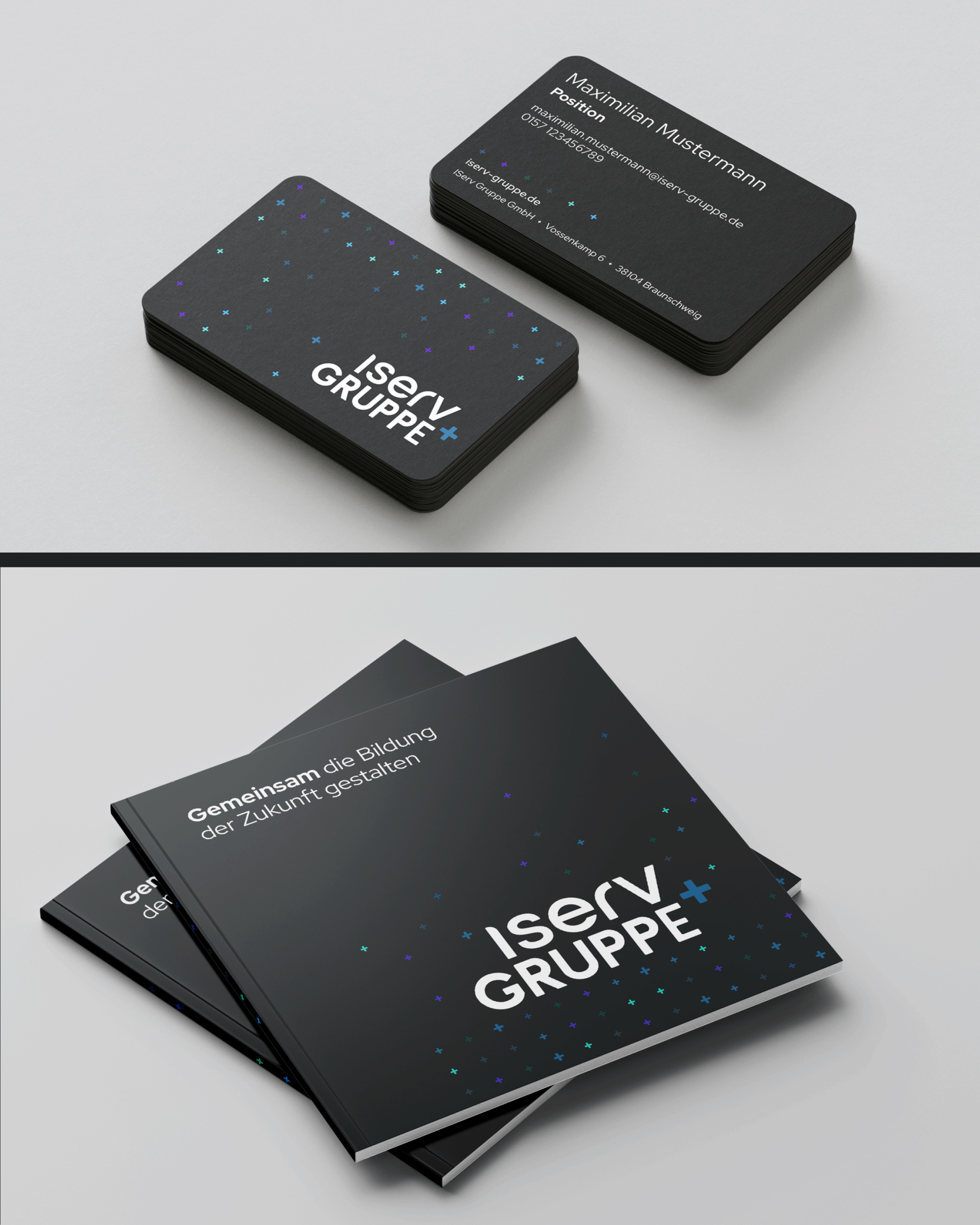 IServ Gruppe Markenentwicklung: Visitenkarten und Broschüren mit dunklem Design, blauen Akzenten und Logo-Darstellung für Corporate Identity.
