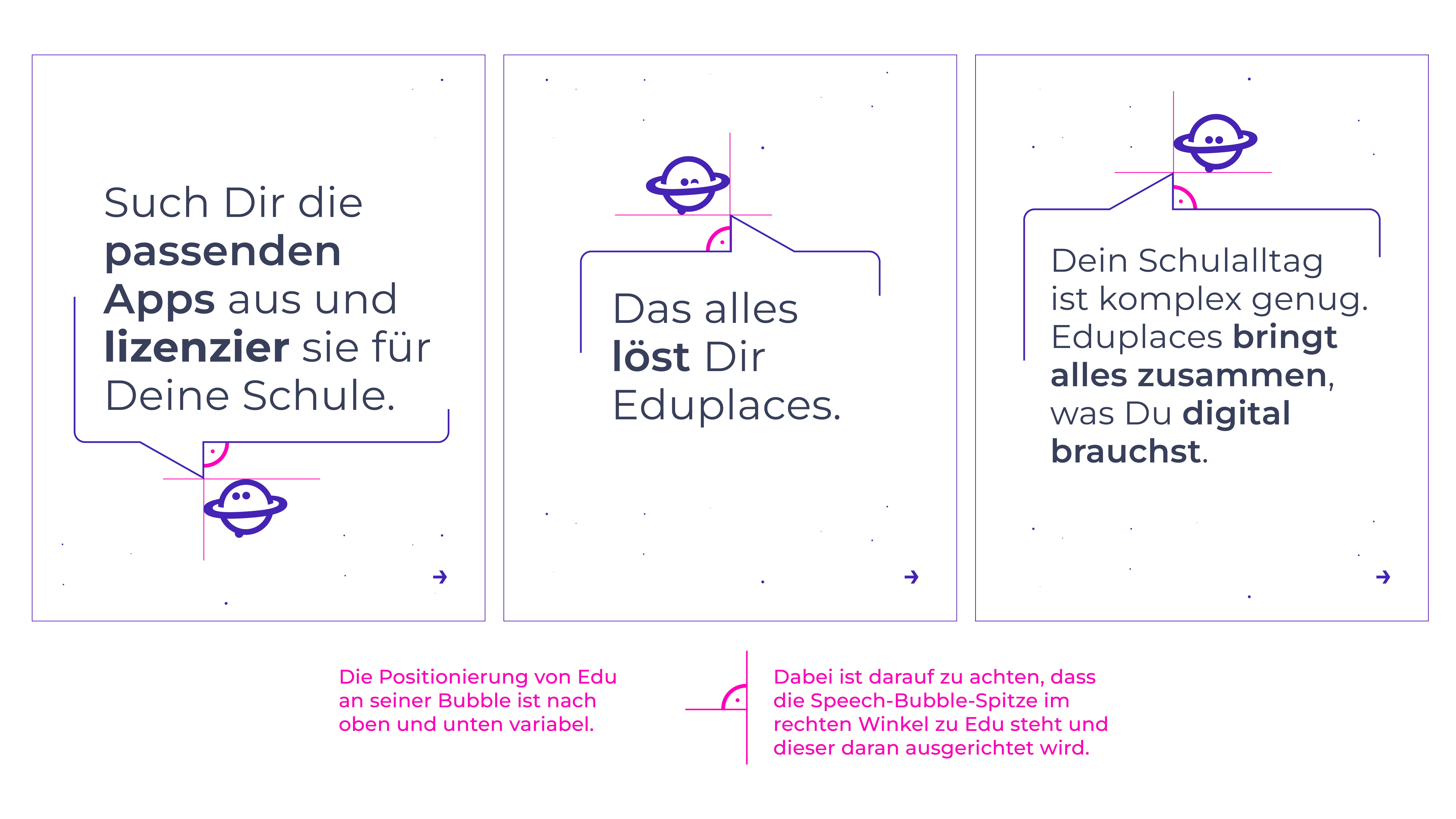 Drei Bildschirme mit Informationen zu Eduplaces: passende Apps für Schulen, zentrale Lösung für digitale Schulverwaltung, und Zusammenfassung aller digitalen Tools mit Maskottchen.