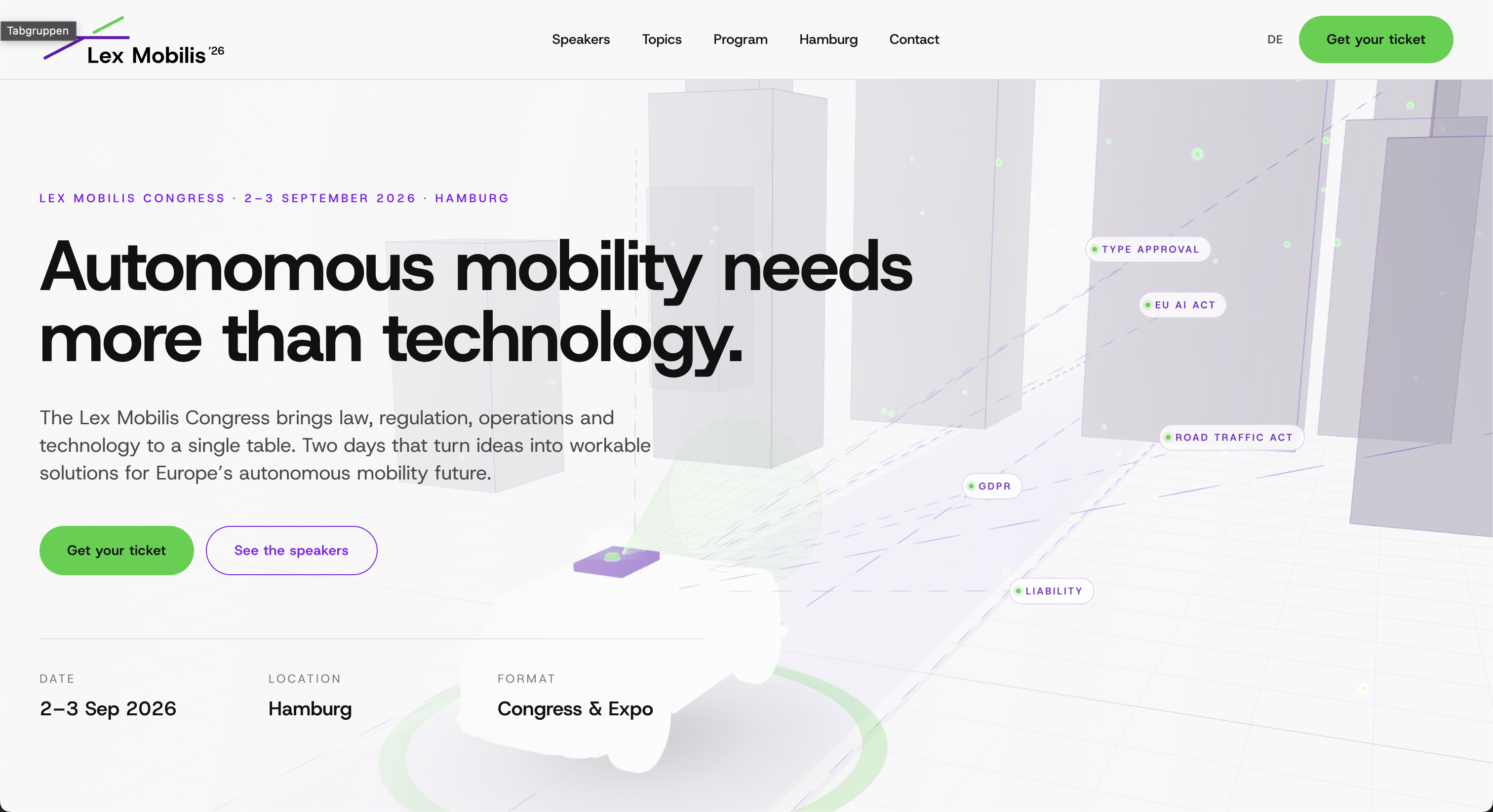 Lex Mobilis Congress 2026 Hamburg: Website-Header mit Claim "Autonomous mobility needs more than technology" und Informationen zum Kongress am 2.-3. September in Hamburg.
