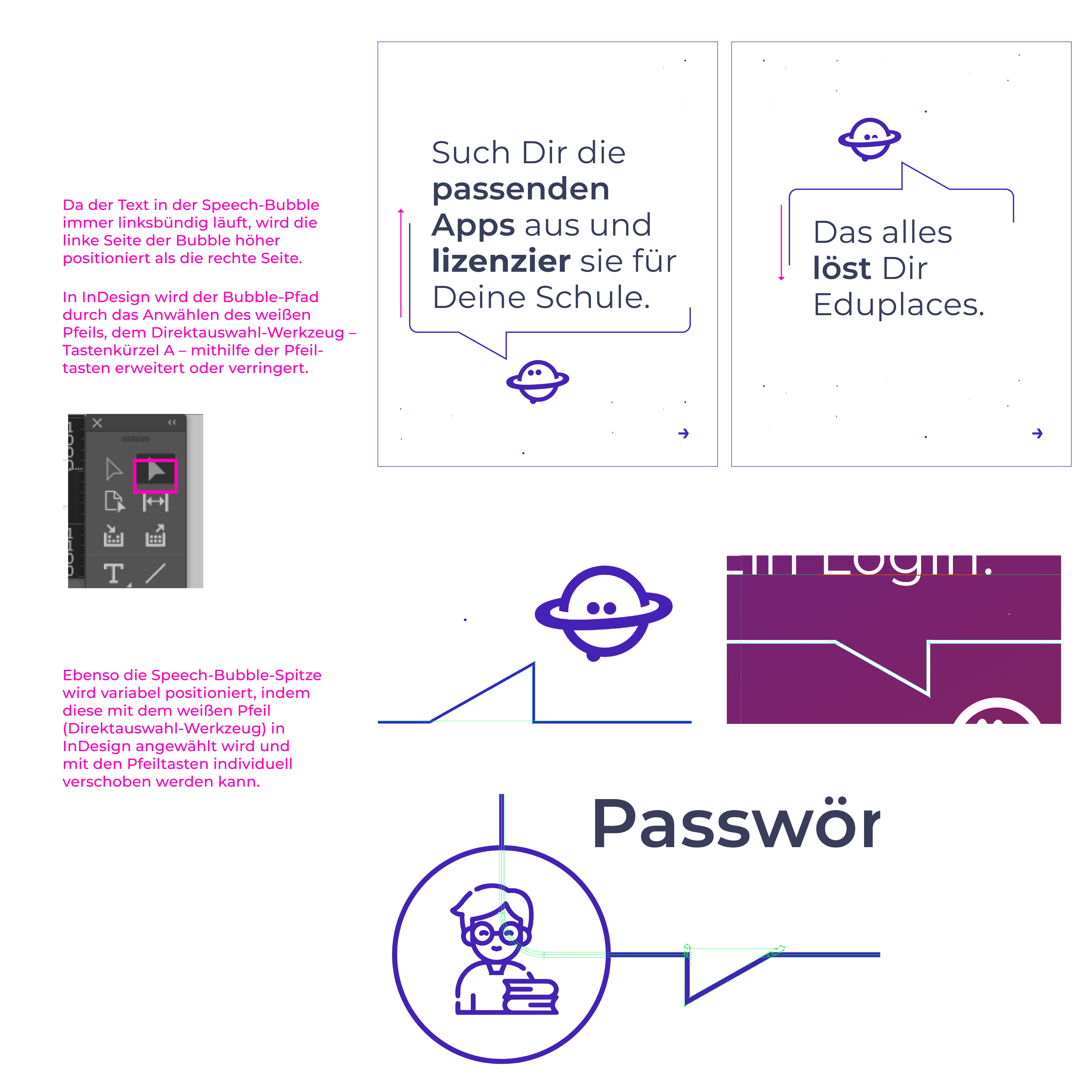 Eduplace-Anleitung: Speech-Bubbles in InDesign positionieren, Apps lizenzieren und mit Passwort anmelden. Design-Elemente und Funktionen erklärt.
