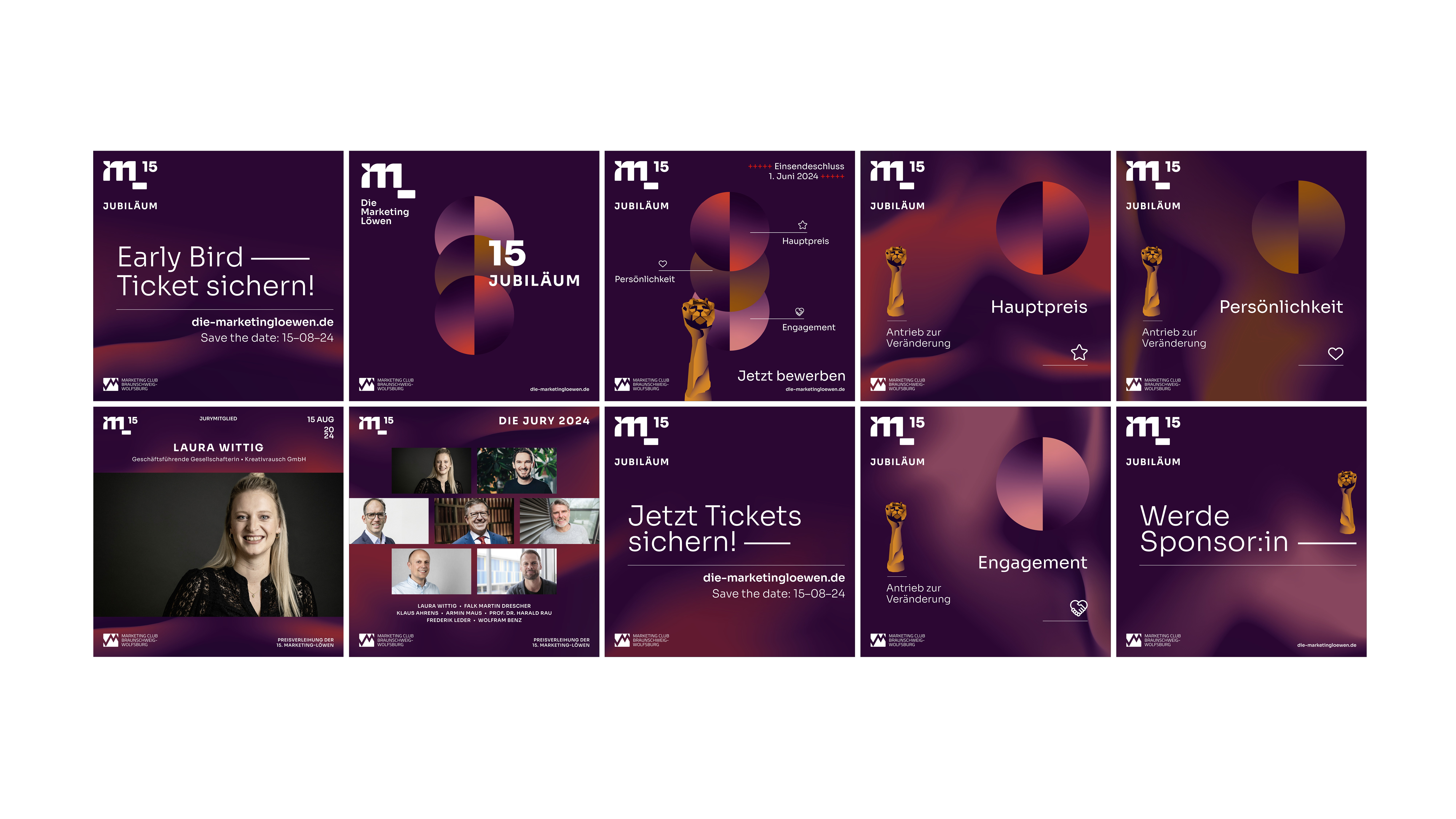 Die Marketinglöwen Jubiläum 15 Jahre: Kampagnen-Mockups mit abstrakten Kreisdesigns, goldener Löwenstatue und Call-to-Action für Early-Bird-Tickets, Jury 2024 und Sponsoring-Möglichkeiten.