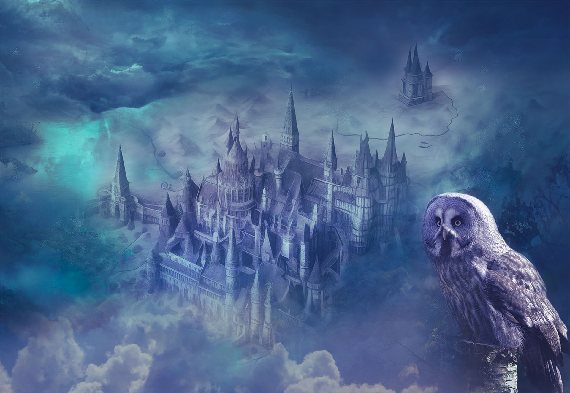 Mystisches Schloss in Wolken mit leuchtender Eule im Vordergrund, Fantasy-Illustration für CJD Niedersachsen Süd-Ost Eulenpost Kampagne
