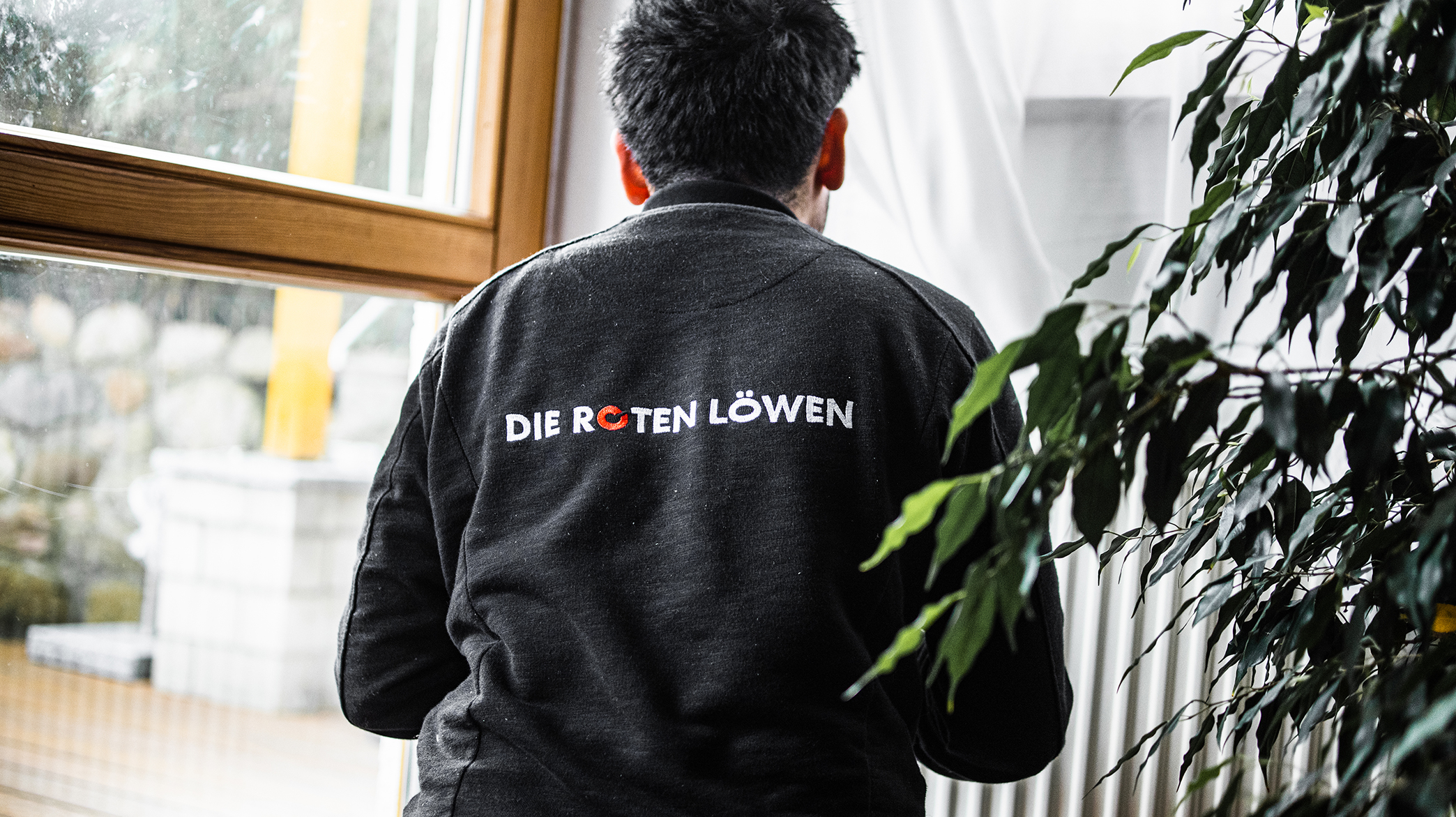 Person von hinten trägt schwarze Jacke mit "Die Roten Löwen" Logo, steht an Fenster mit Blick auf Stadtstraße, Efeu im Vordergrund
