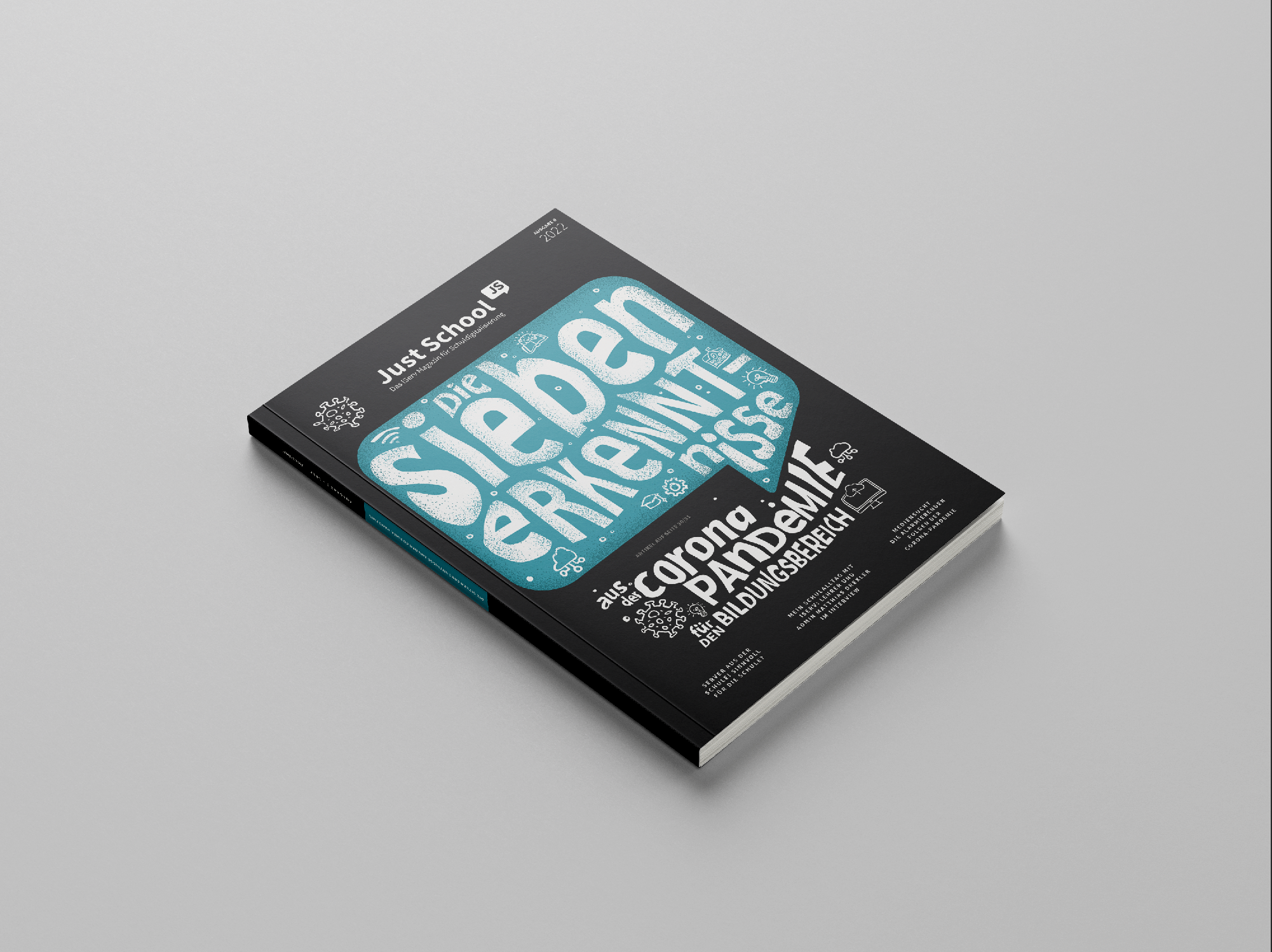Just School Band 5 Buch mit türkisblauer Typografie auf schwarzem Cover, IServ Gruppe Markenentwicklung Dachmarke