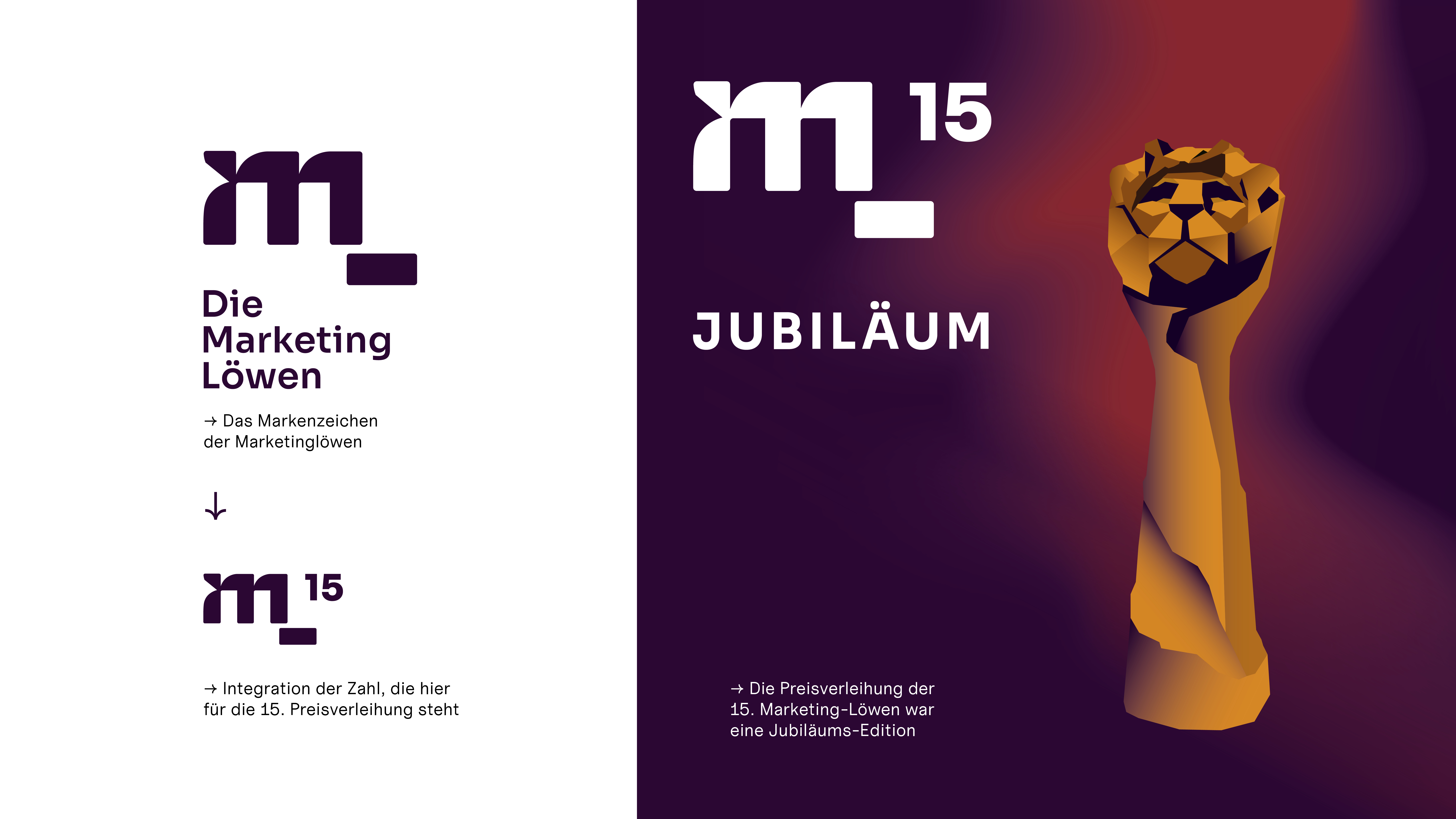 Die Marketinglöwen Rebranding zur 15. Jubiläums-Edition: Logo-Evolution und goldene Löwen-Skulptur auf dunklem Hintergrund
