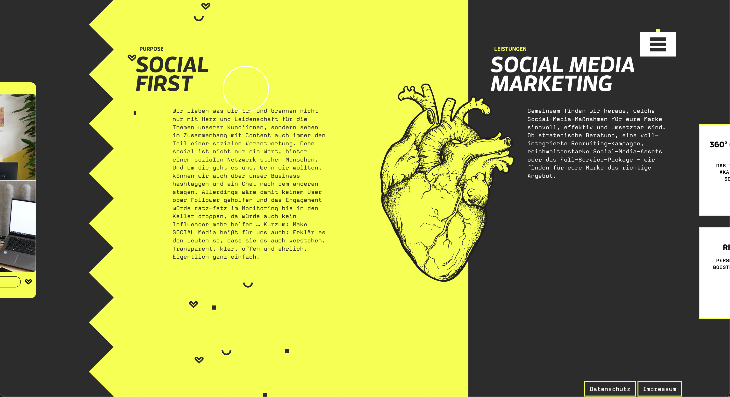 Kreativrausch Website zum Social Media Marketing mit gelb-schwarzem Design, anatomisches Herz und "Social First" Konzept für digitale Markenstrategie.