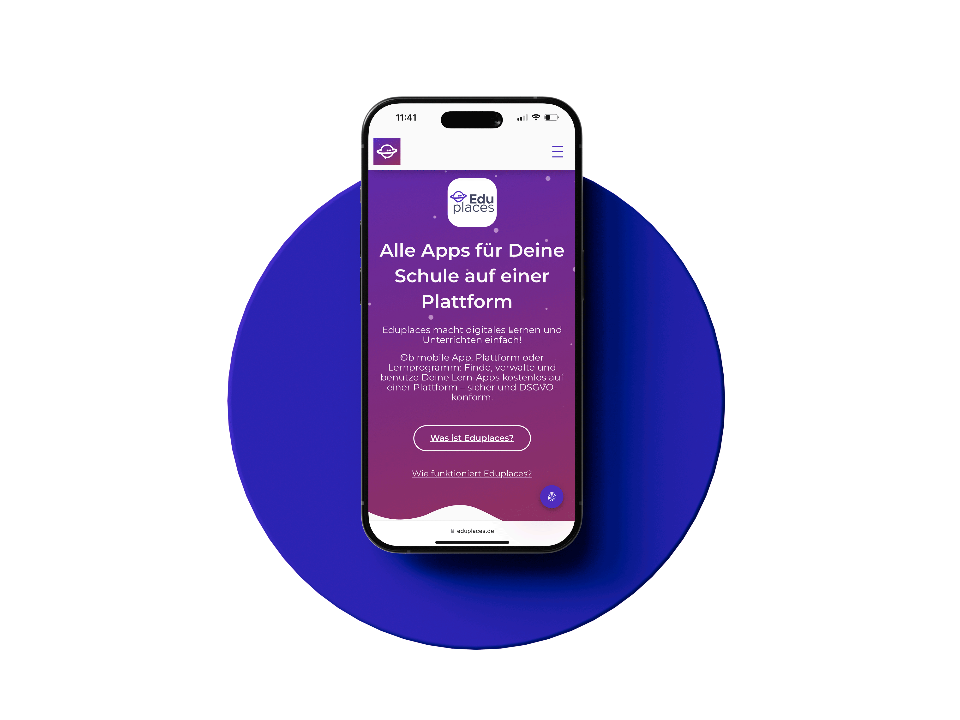 Smartphone zeigt Eduplaces-Startseite mit Text "Alle Apps für Deine Schule auf einer Plattform" und Buttons zu Informationen und Funktionen der Lernplattform