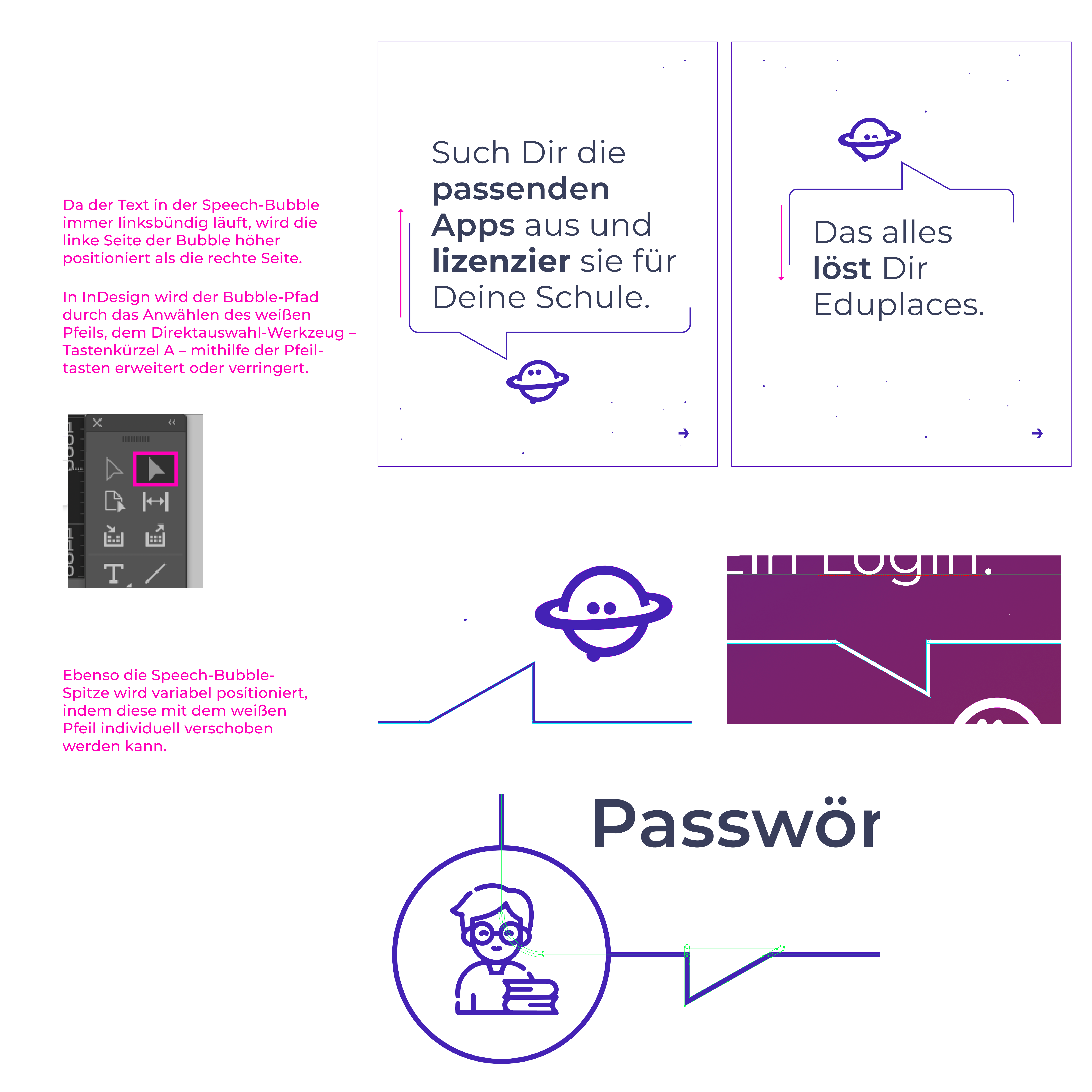 Eduplaces Anleitung zur Verwaltung von Schulapps und Passwörtern mit lila Planetenlogo und Illustrationen in InDesign-Designsystem