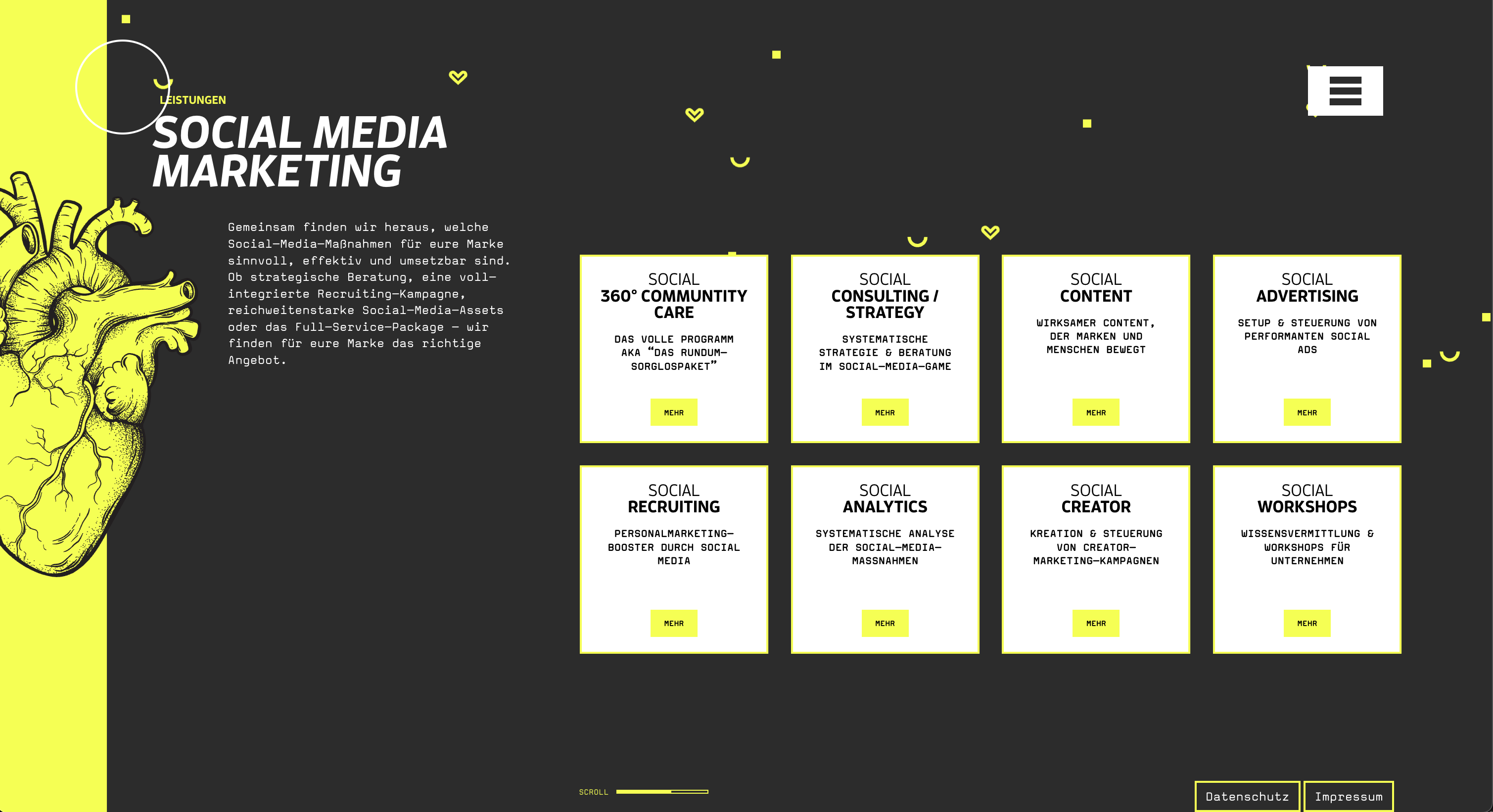 Kreativrausch Social Media Marketing Leistungen: 8 Service-Karten zu Community Care, Consulting, Content, Advertising, Recruiting, Analytics, Creator und Workshops mit gelbem Design und Herz-Illustration.