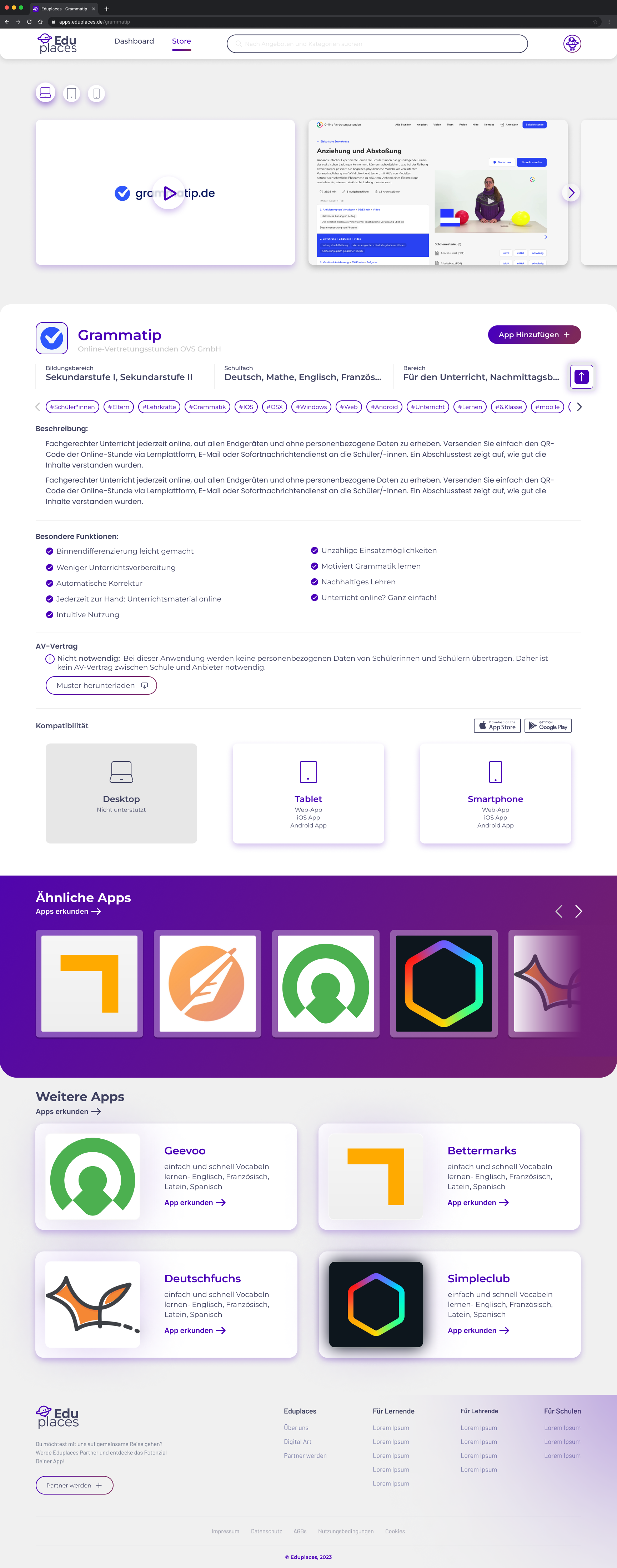 Eduplaces Plattform zeigt Grammatip Lernapp mit Funktionen, Kompatibilität für Desktop/Tablet/Smartphone und weitere Bildungs-Apps wie Geevoo und Bettermarks.
