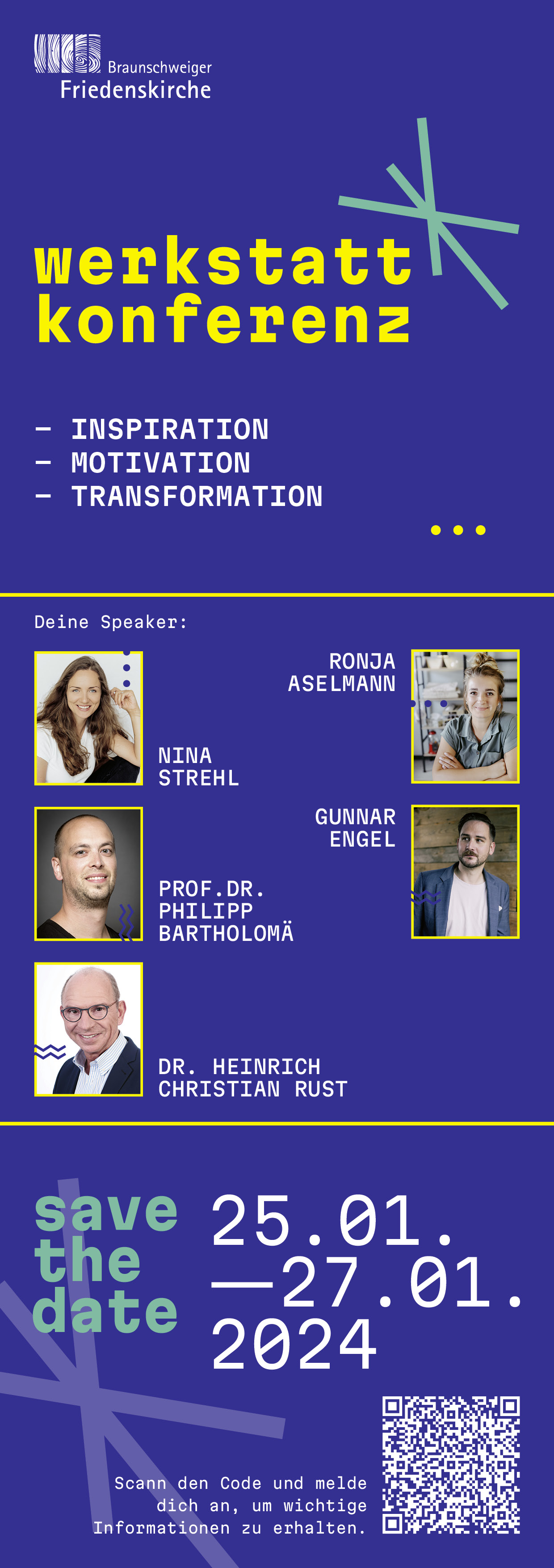 Werkstatt Konferenz der Braunschweiger Friedenskirche zu Inspiration, Motivation und Transformation mit fünf Sprechern vom 25.-27. Januar 2024.