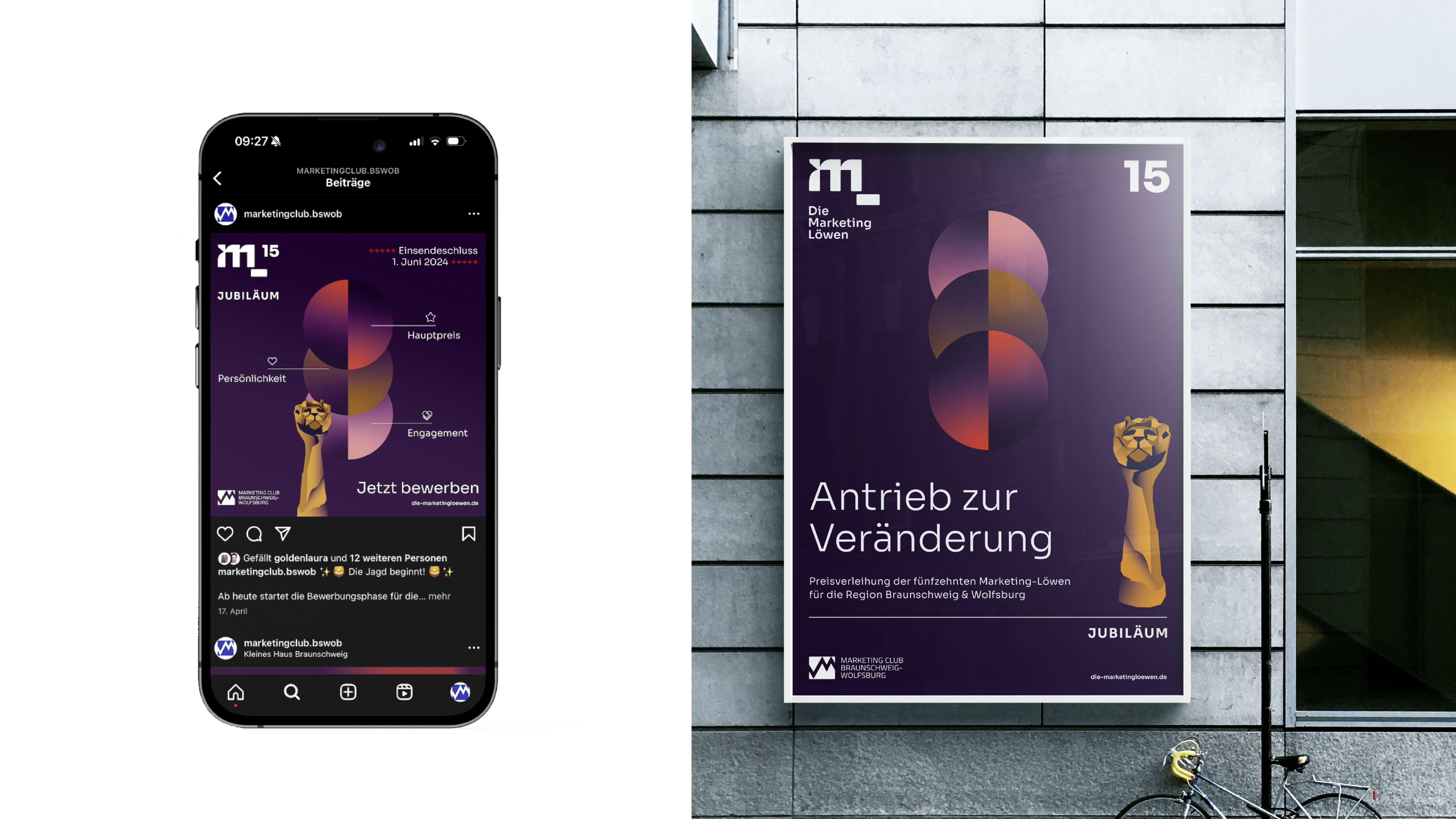 Rebranding Die Marketinglöwen: Smartphone zeigt Instagram-Post und Plakatwand mit neuem Logo, violettem Design und goldener Löwe zum 15. Jubiläum
