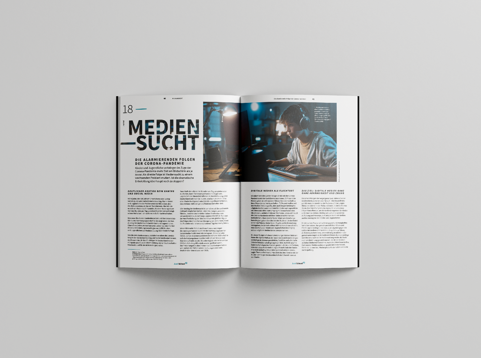 Aufgeschlagenes Magazin mit Artikel "Mediensucht" über Corona-Pandemie-Folgen, Fotos einer Person am Laptop, mehrspaltige Textlayouts auf Seiten 18-19