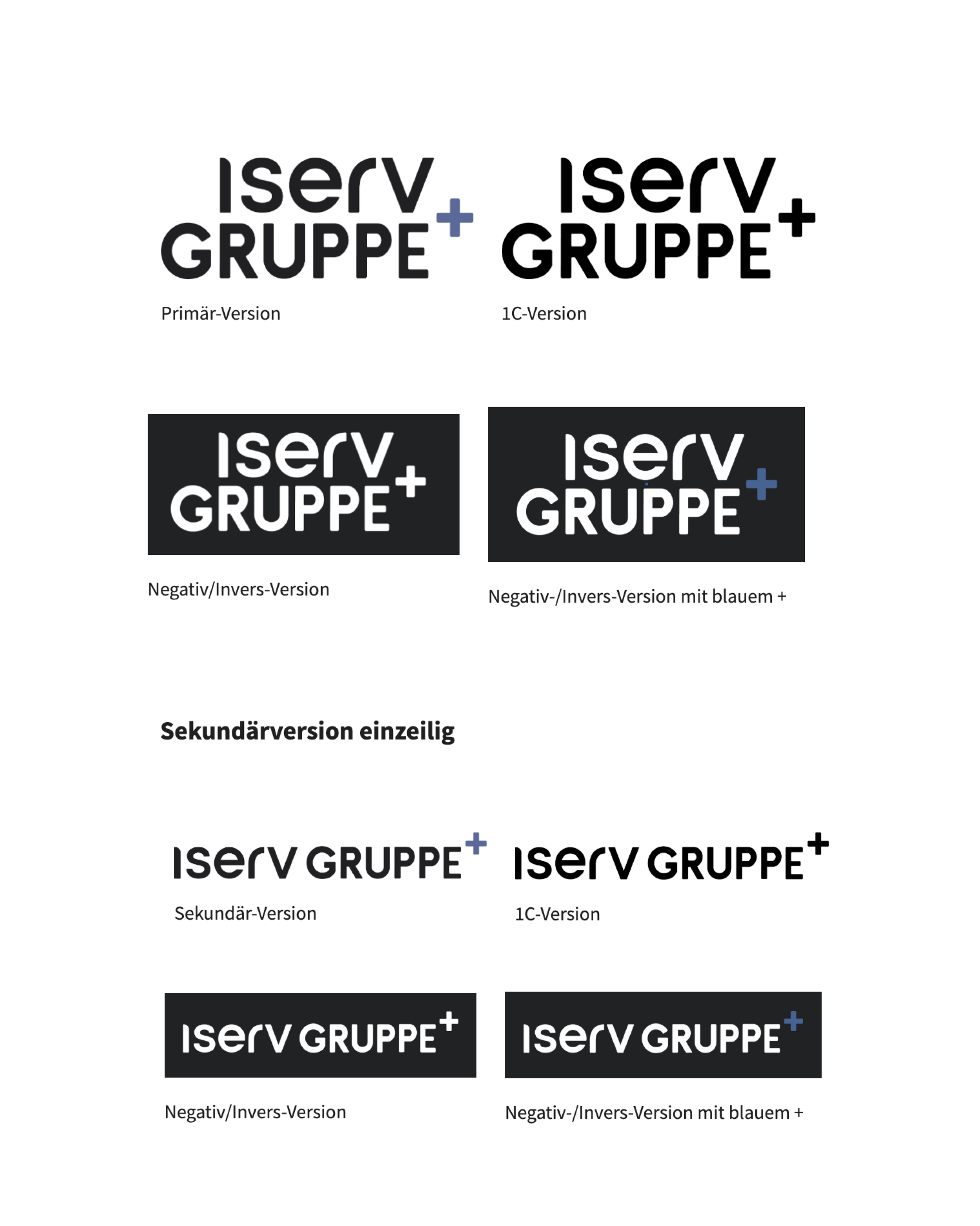 Übersicht der IServ Gruppe Logoversionen: Primär-, 1C-, Negativ- und Sekundärversionen mit und ohne blauem Plus-Symbol