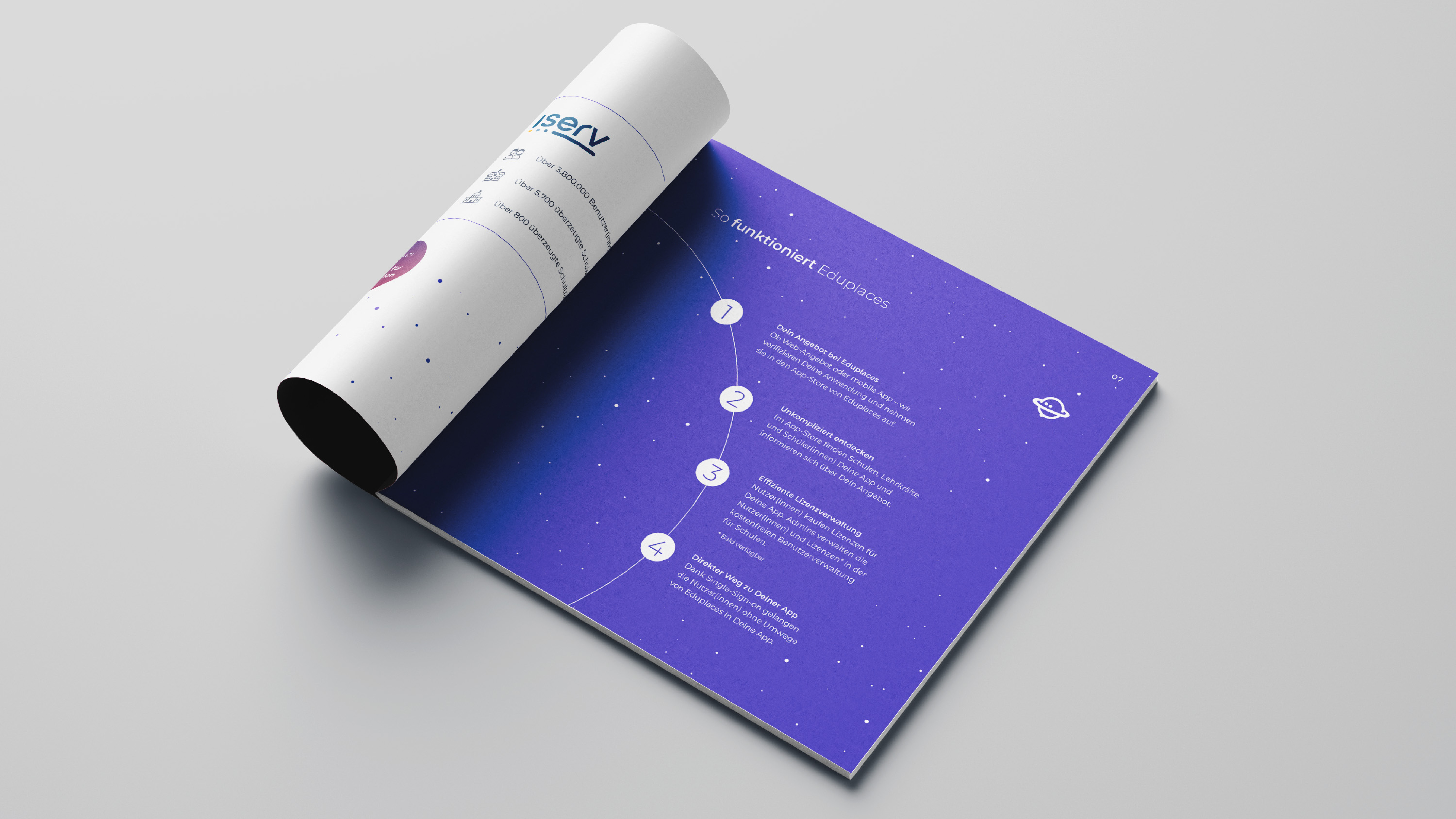 Eduplaces-Verpackungsdesign: Weiße Produktröhre und lila Broschüre mit Sternen-Motiv und Funktionspunkten zur Markenentwicklung.