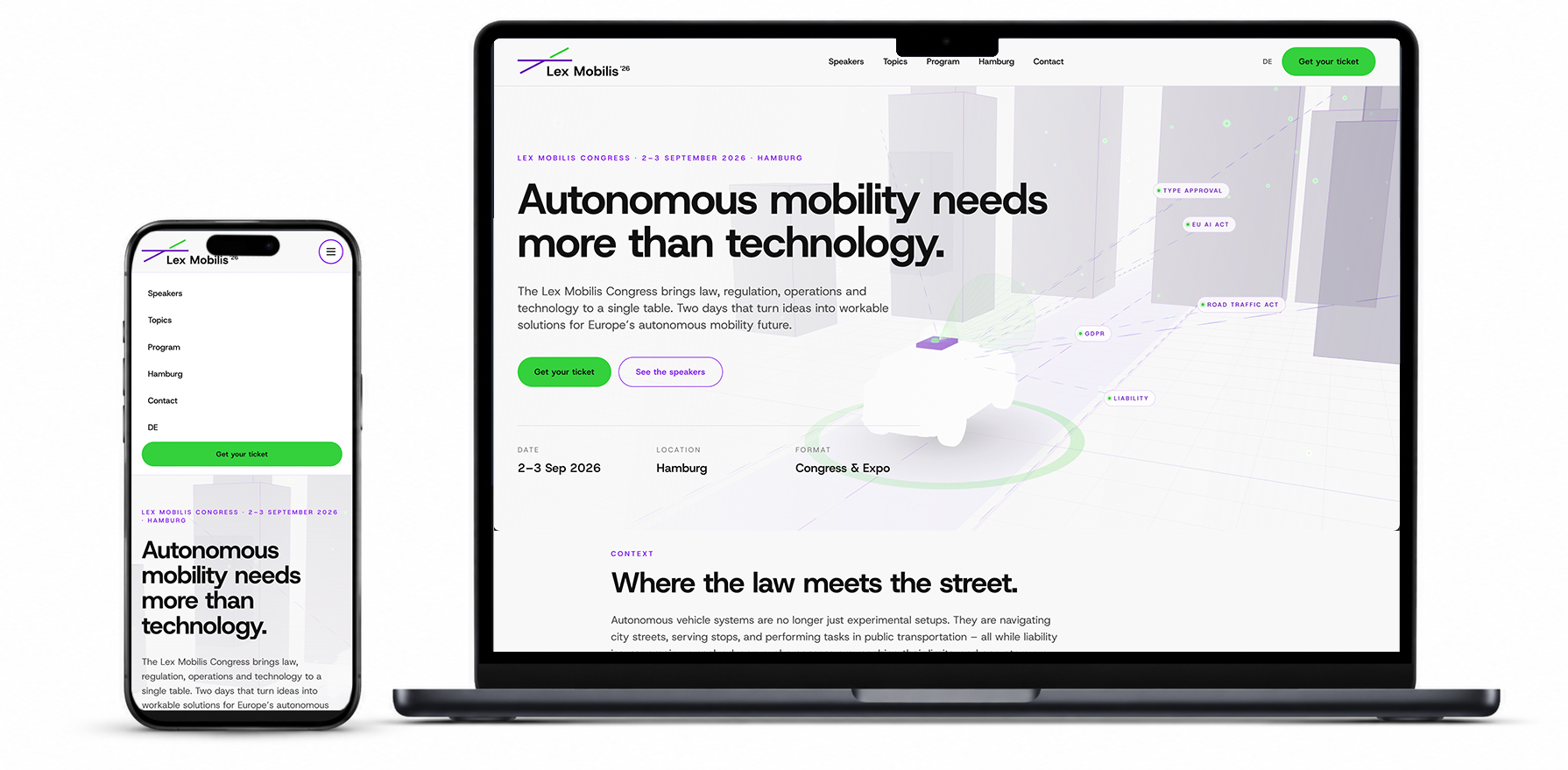 Lex Mobilis Congress Website auf Smartphone und Desktop-Bildschirm, zeigt Kongress für autonome Mobilität in Hamburg 2-3 September 2026 mit Navigationsmenü und Call-to-Action Buttons.