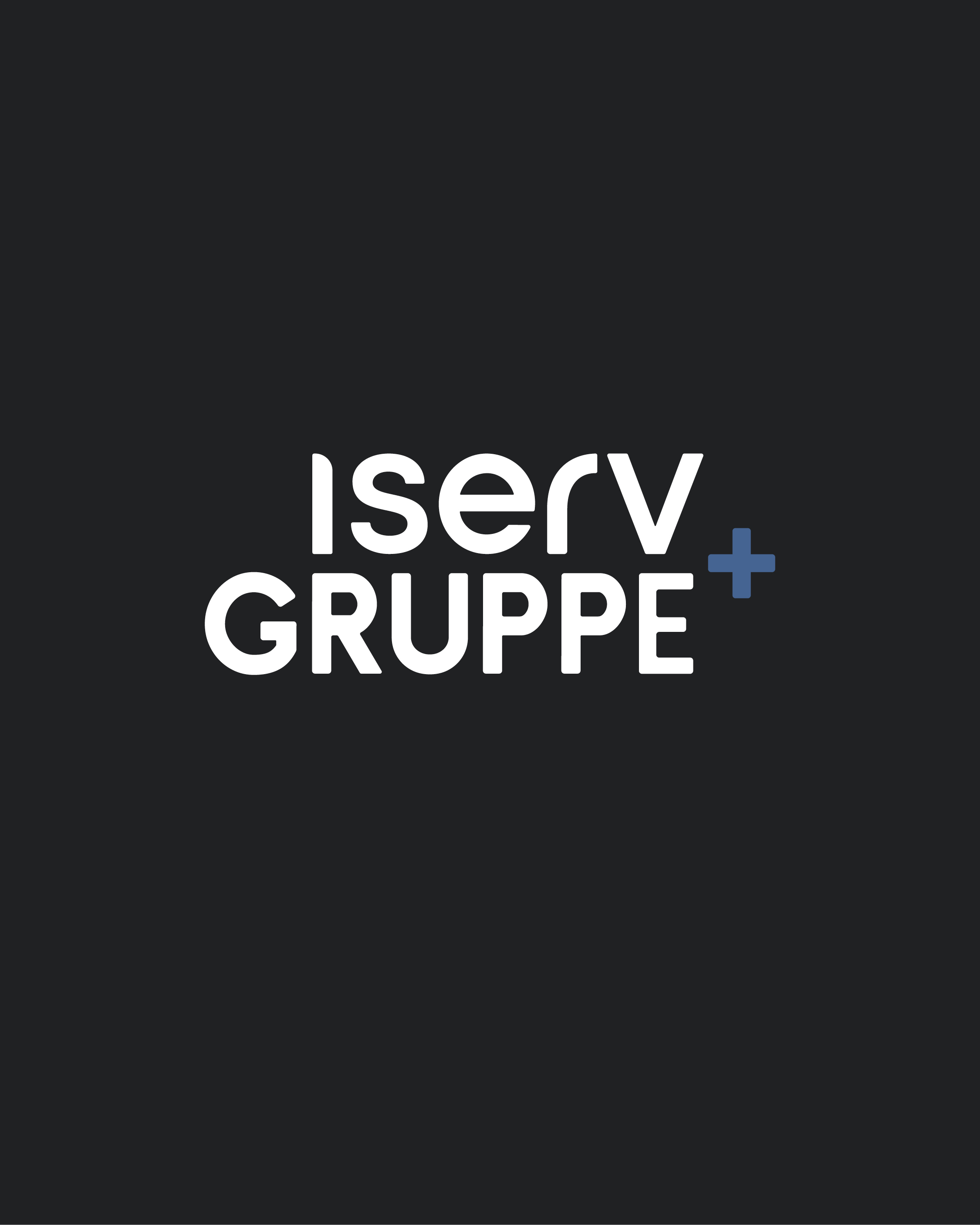 IServ Gruppe Logo mit blauem Plus-Symbol auf dunkelm Hintergrund, Dachmarke Branding Design