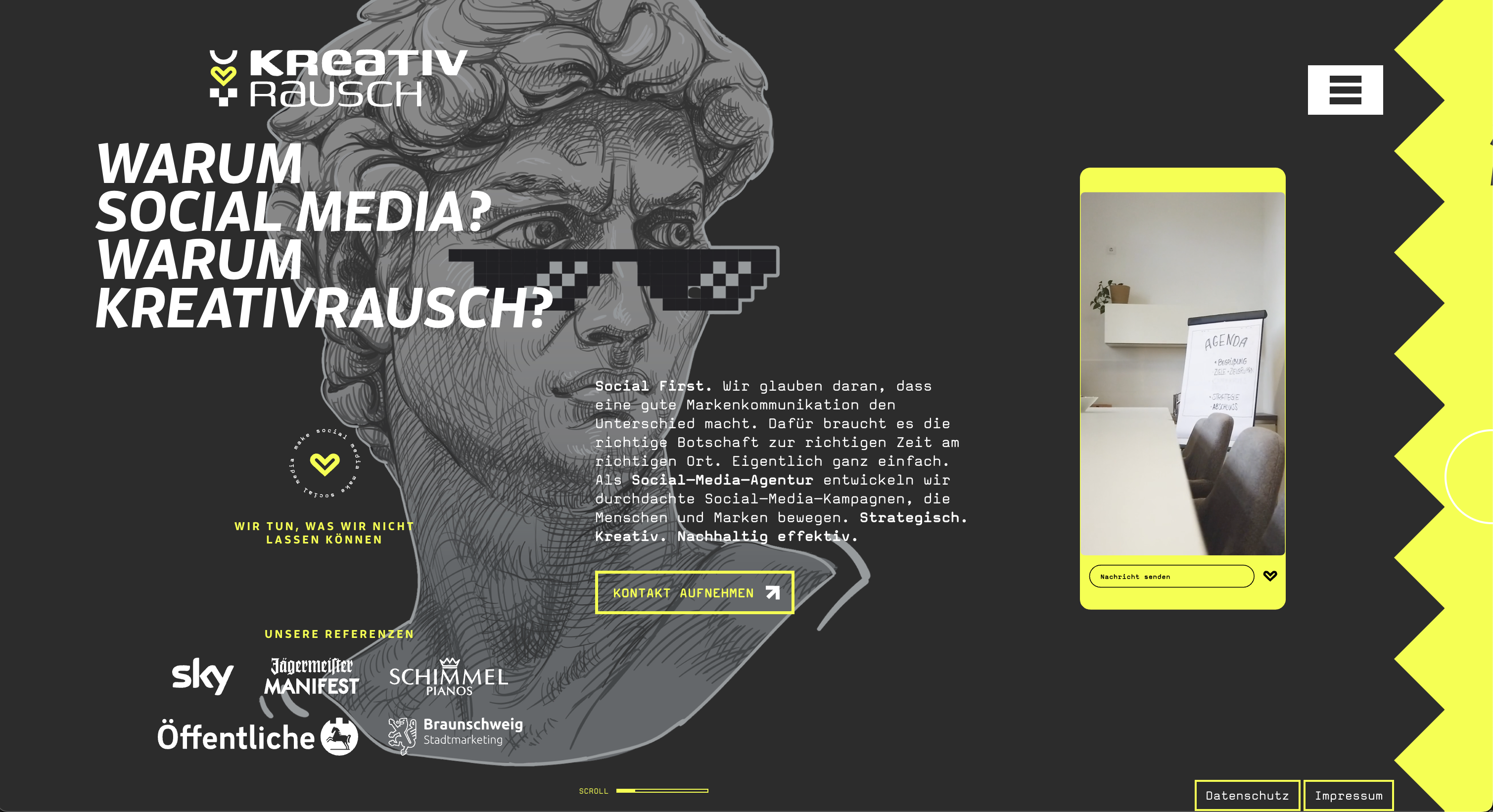Kreativrausch Homepage mit Logo, Frage "Warum Social Media? Warum Kreativrausch?" und Detailtext zur Social-Media-Agentur, Kontaktbutton sowie Referenzen wie Sky und Jägermeister.