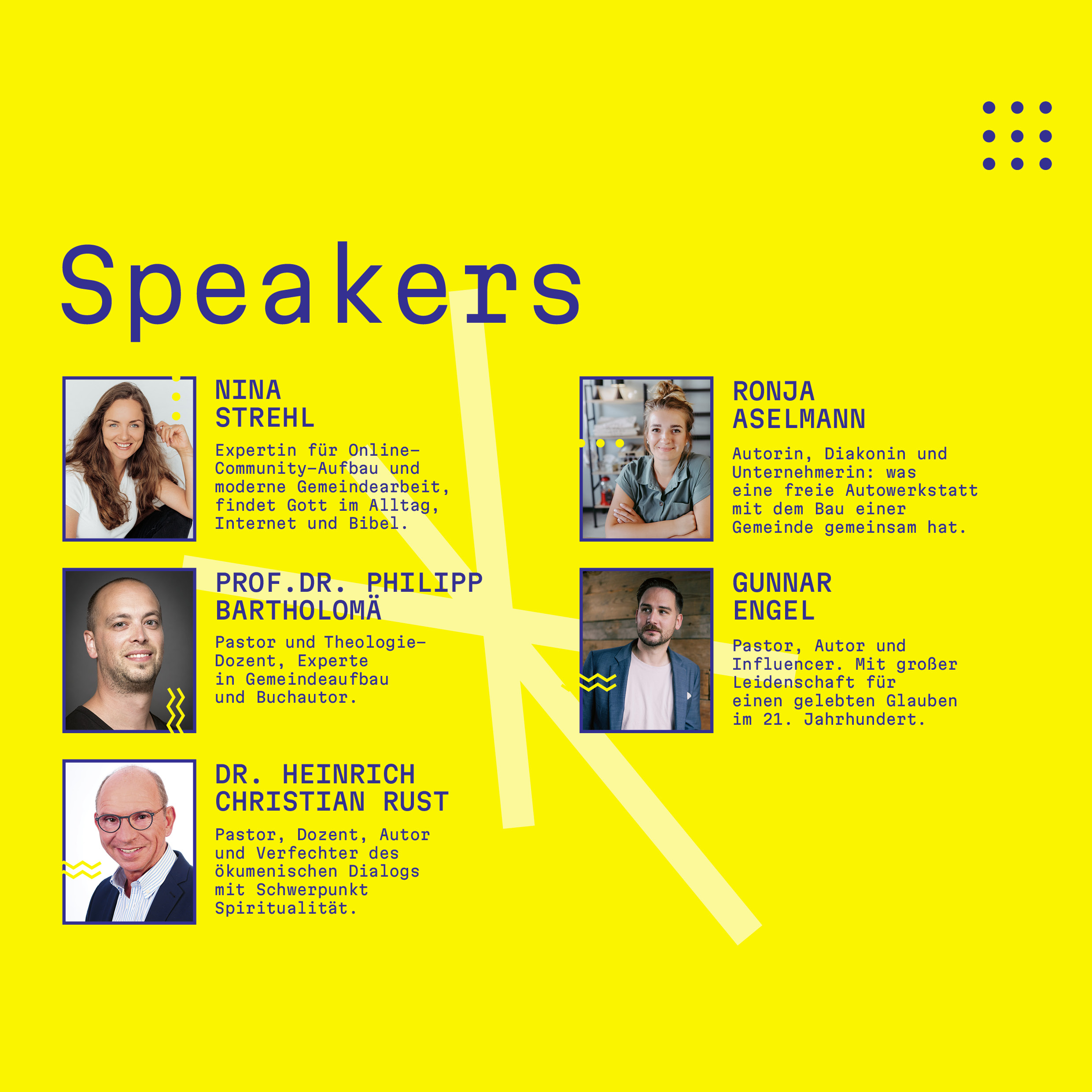 Speakers der Werkstatt-Konferenz: vier Expert*innen mit Fotos und Beschreibungen ihrer Fachgebiete im Online-Community-Aufbau, Theologie und kirchlicher Arbeit.