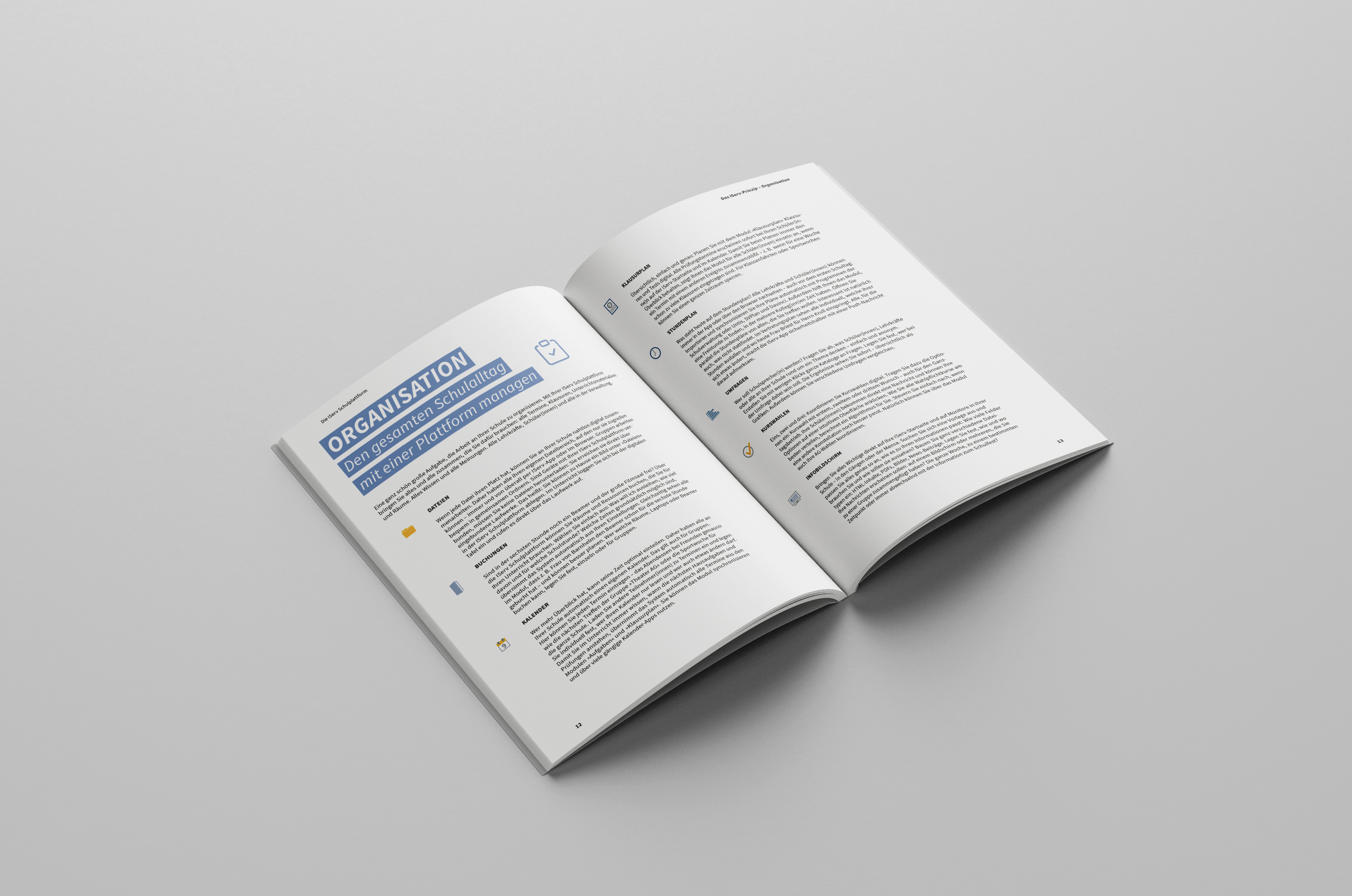Aufgeschlagenes Magazin mit Kapitel "Organisation" zur IServ Gruppe Markenentwicklung, mehrspaltiger Text mit Icons und Farbakzenten auf weißem Hintergrund.