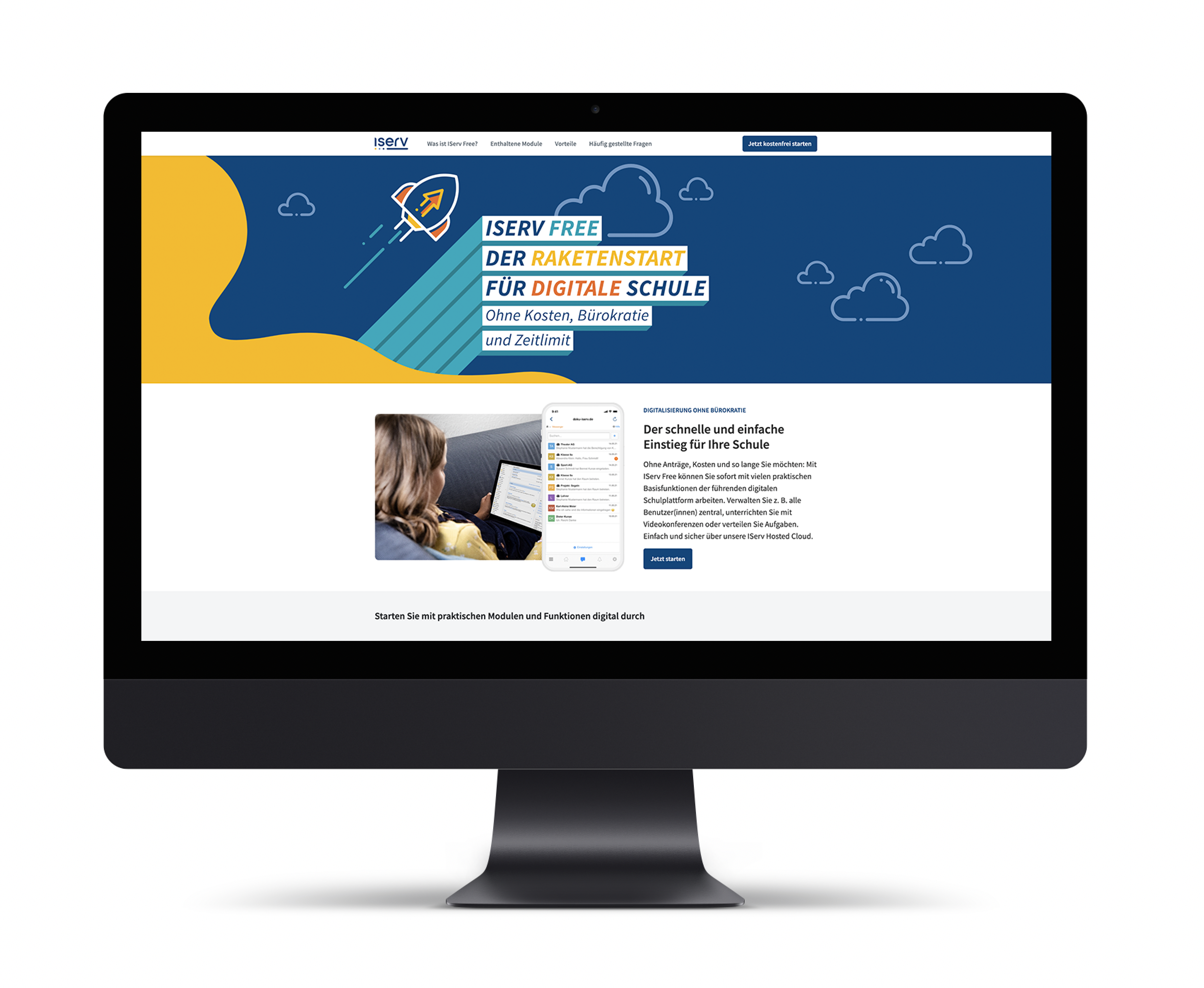 IServ Free Raktenstart für digitale Schule - Website-Startseite mit blauem Design, Raketen-Illustration und Informationen zur kostenlosen Nutzung für Schulen