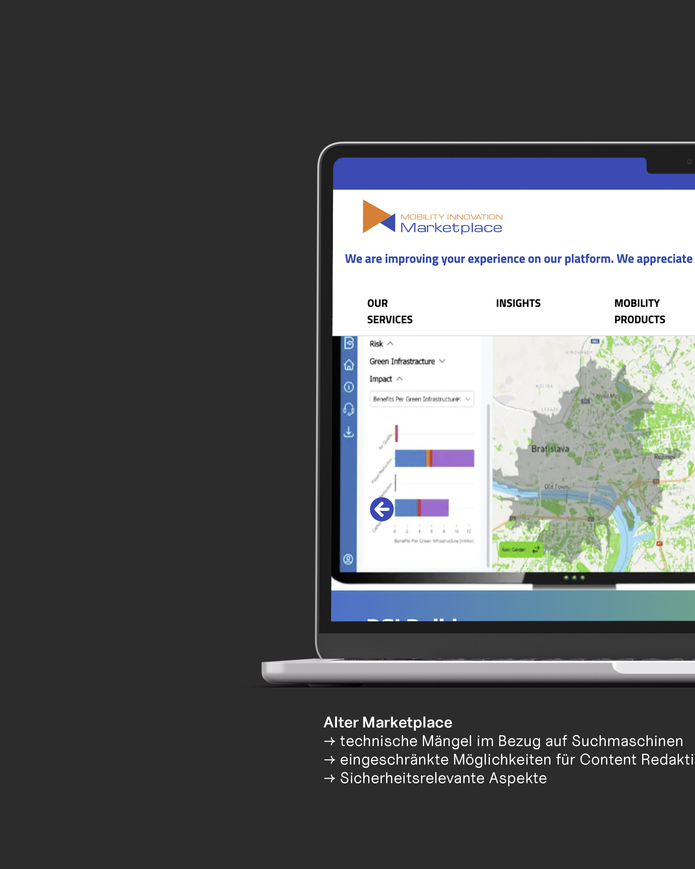 EIT Urban Mobility Marketplace auf Tablet-Display mit Navigationsmenü, Insights-Grafiken zu Green Infrastructure und interaktiver Karte von Bratislava