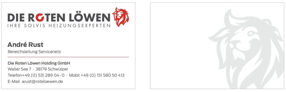 Visitenkarte Die Roten Löwen Holding GmbH mit Kontaktinformationen zur Bereichsleitung Servicenetz und Löwen-Logo