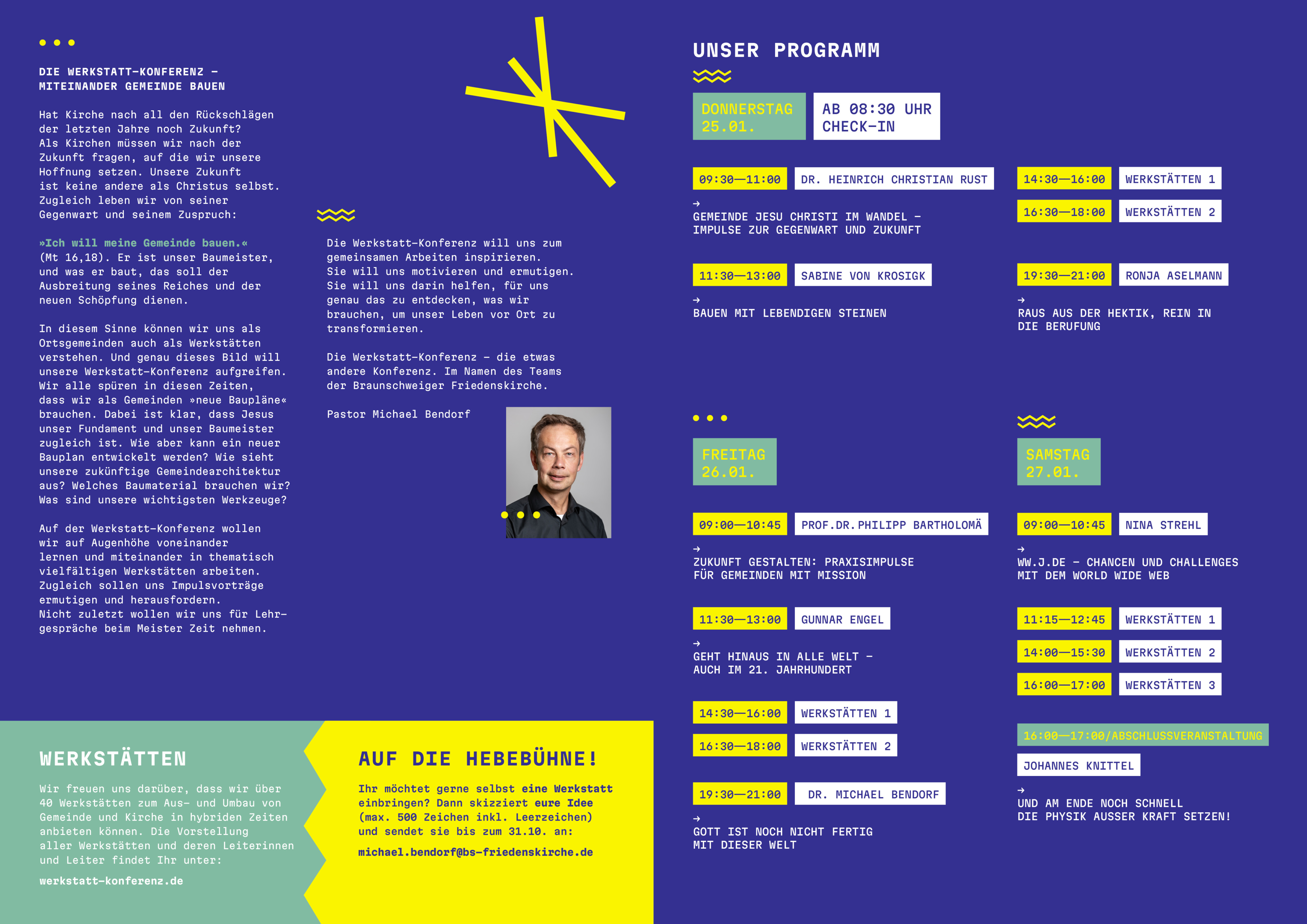 Programm der Werkstatt-Konferenz mit Zeitplan für Donnerstag und Freitag, Referentinnen, Workshops und Anmeldeinformationen auf blauem Hintergrund.