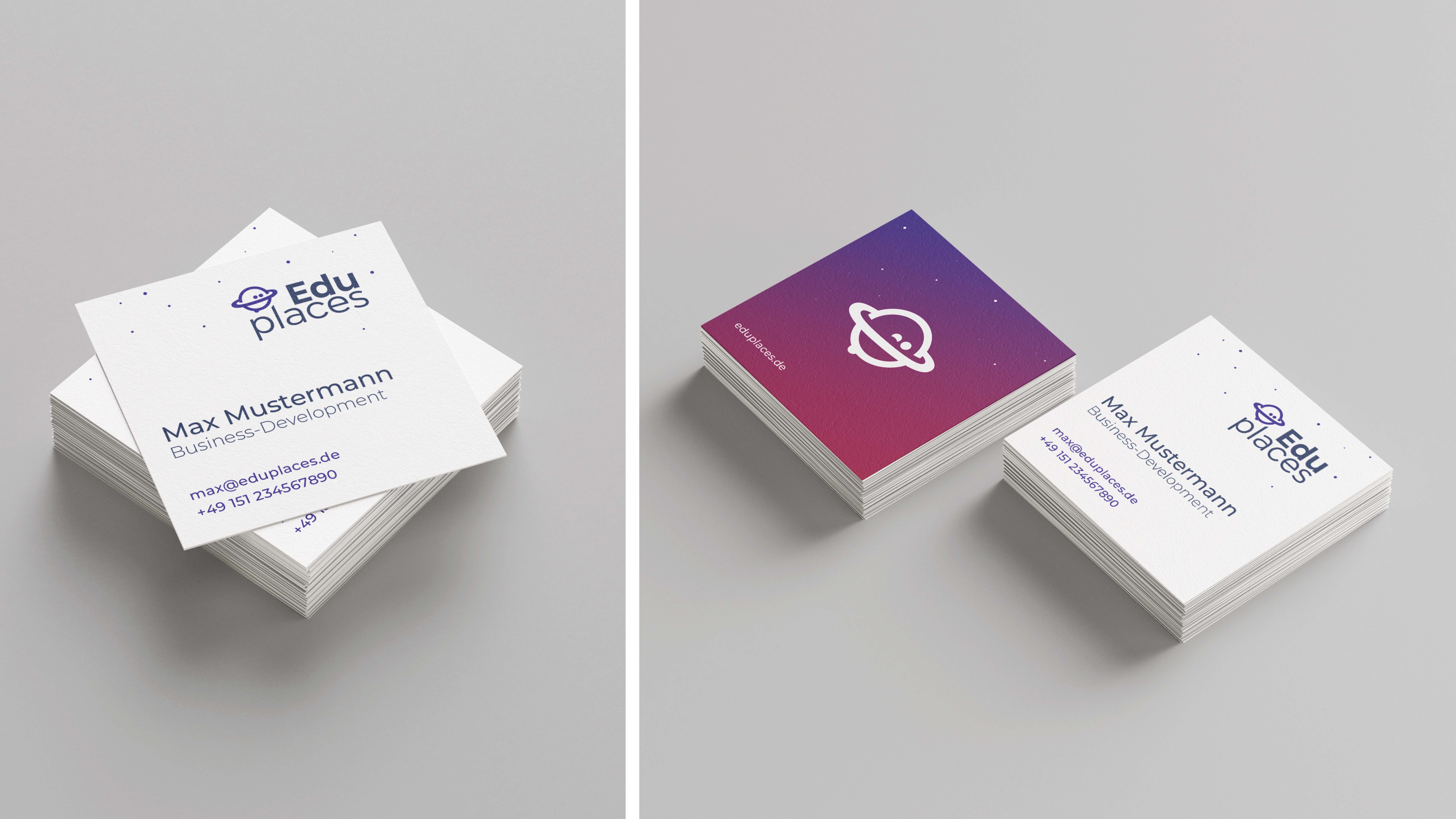 Eduplaces Visitenkarten-Design mit violettem Logo und weißem Layout für Business-Development, Markenidentität und Corporate Design Mockup