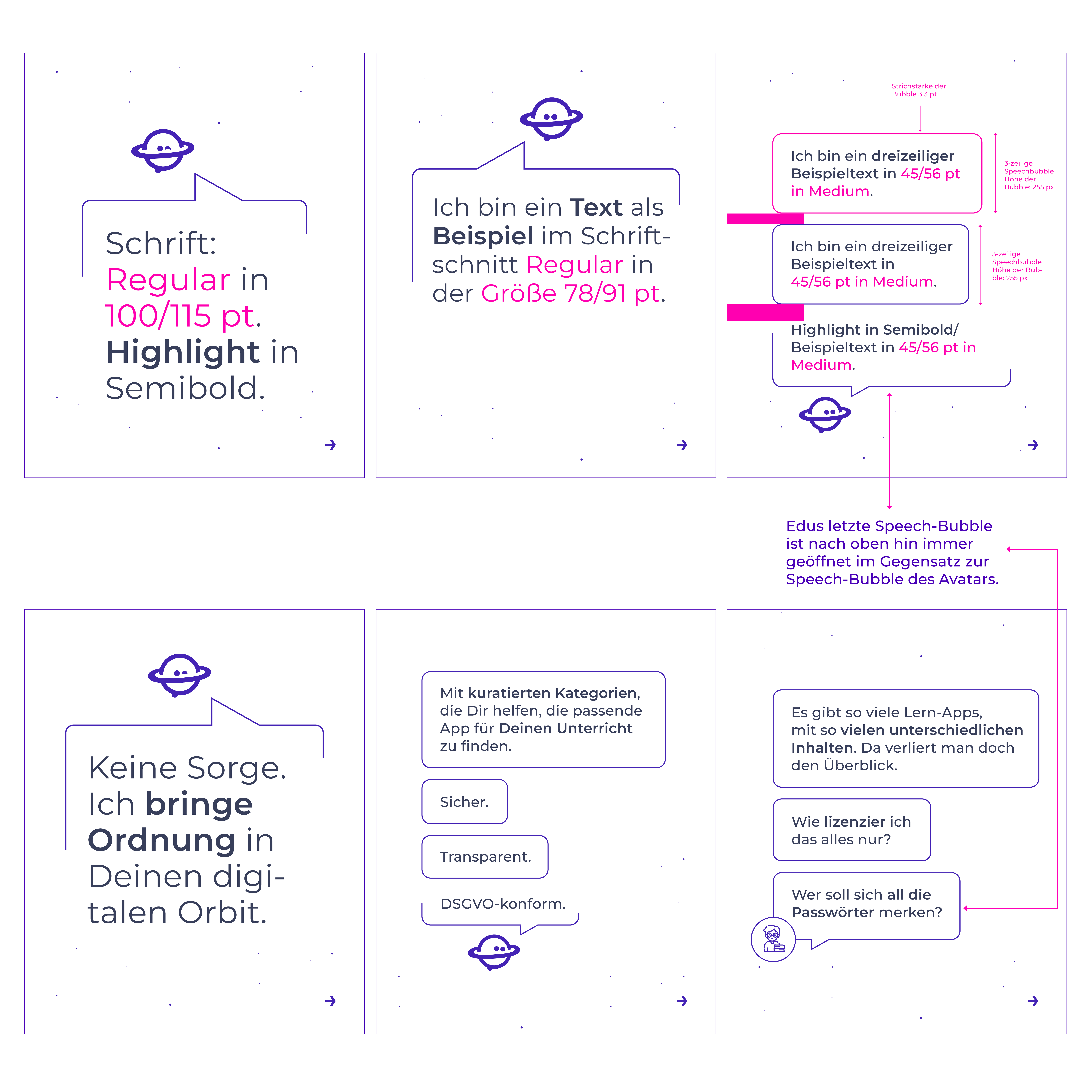Eduplaces Designrichtlinien mit Beispielen für Schriftarten, Textformatierung, Speech-Bubbles und Kategorisierungsfunktionen der Lernapp-Plattform.