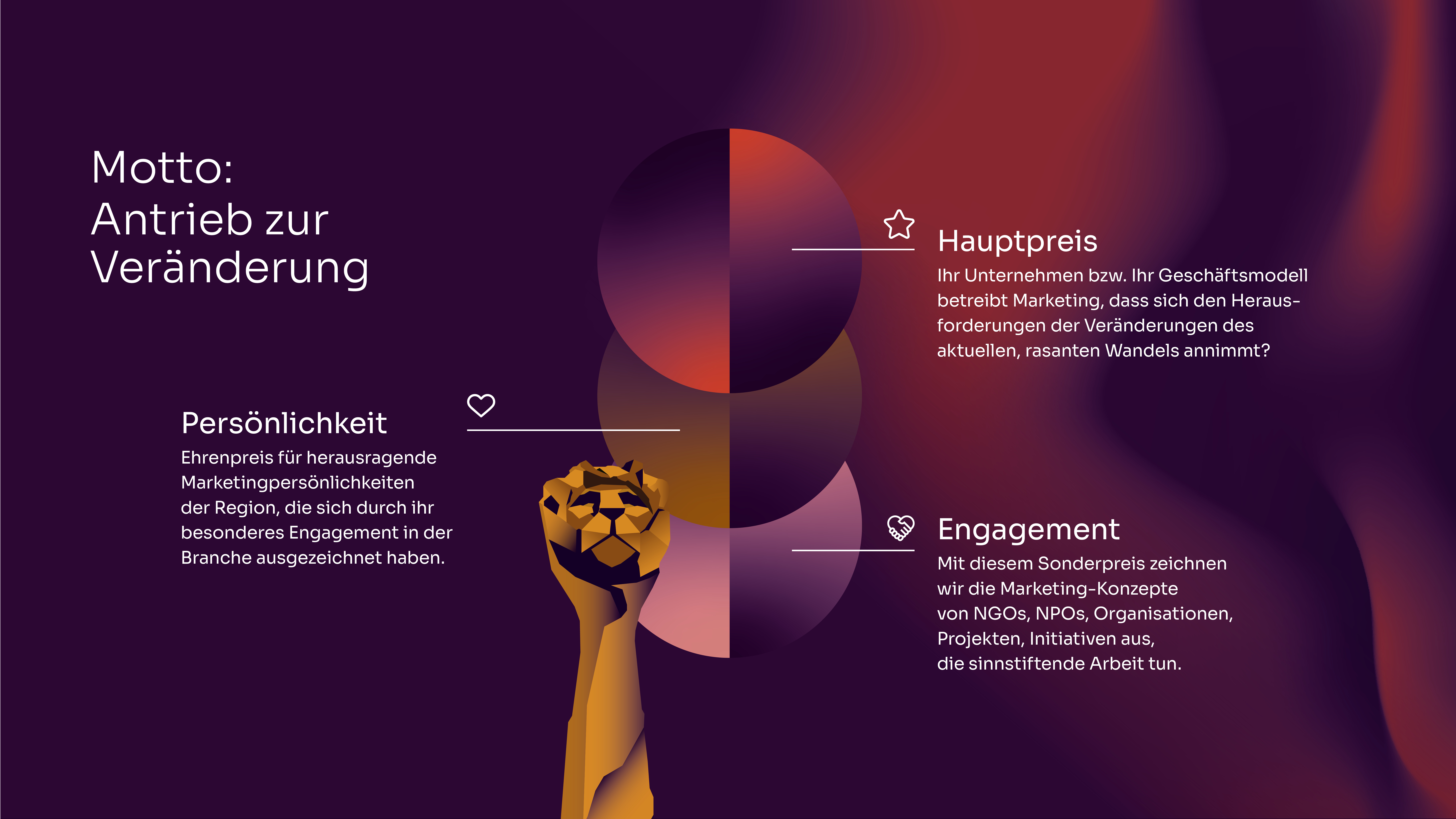 Marketinglöwen Rebranding: Motto "Antrieb zur Veränderung" mit drei Säulen Hauptpreis, Persönlichkeit und Engagement. Goldene Faust und abstraktes Design auf dunklem Hintergrund.