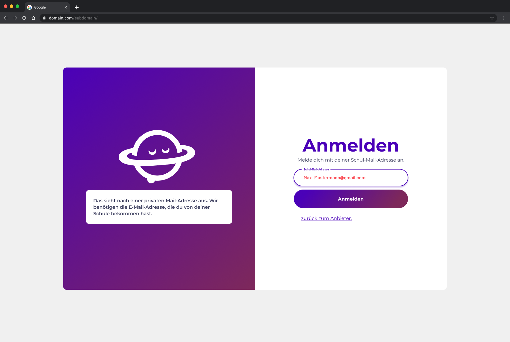 Anmeldungsformular mit Schulmail-Adresse auf Eduplaces Plattform, lila Design mit Planet-Logo und Eingabefeld für E-Mail-Adresse