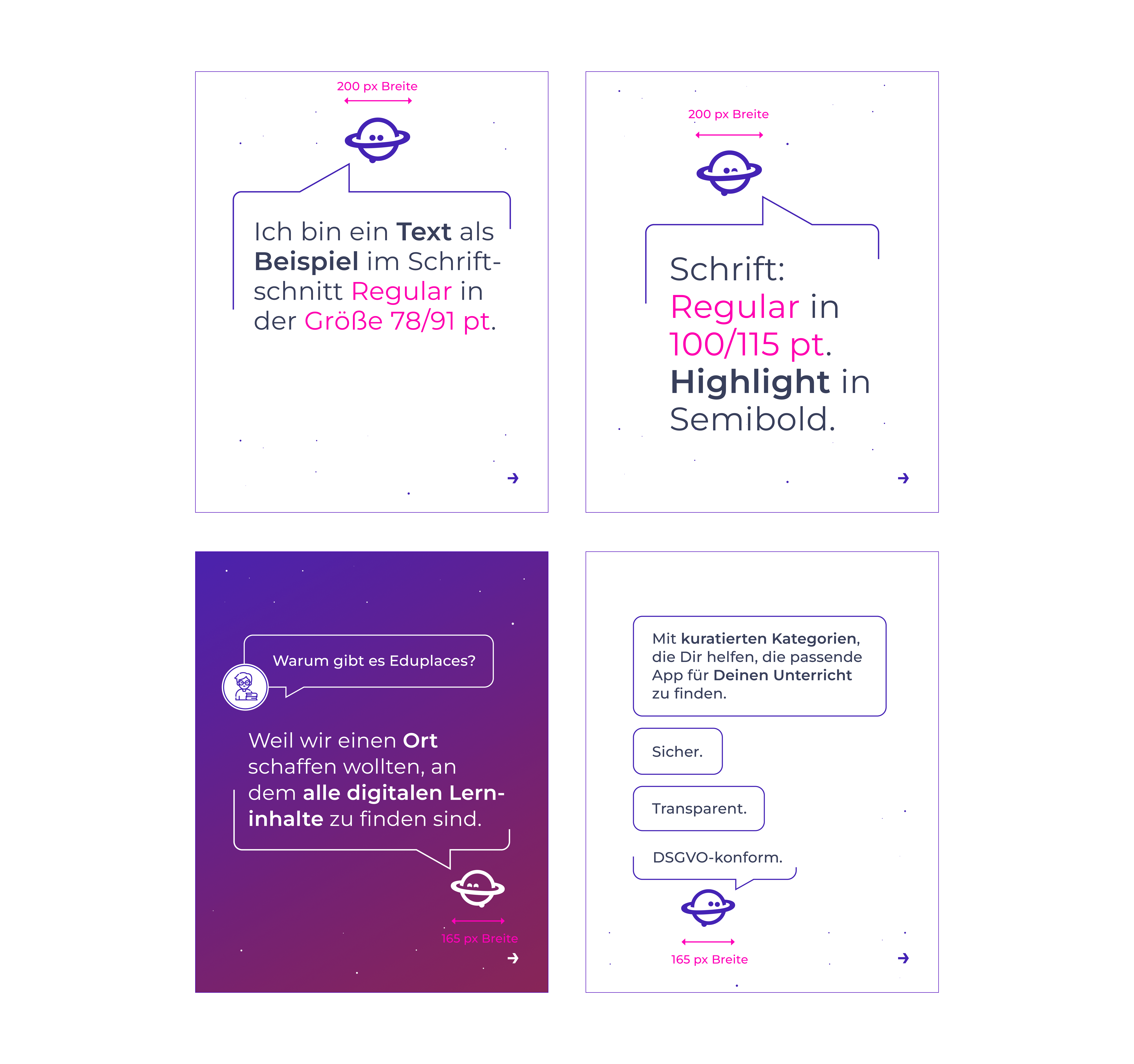 Eduplaces Design-Richtlinien: vier Screens zeigen Typografie, Schriftgrößen, Farbschema und Kategorien der Lern-App mit Planet-Icon