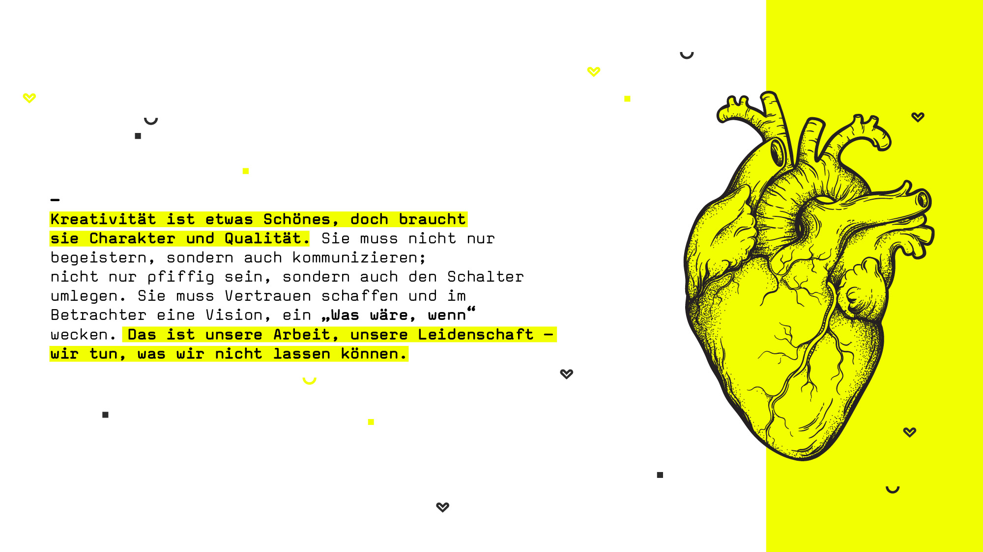 Anatomisches Herz in Gelb mit deutschem Text über Kreativität, Charakter und Qualität auf weißem und gelbem Hintergrund für Kreativrausch GmbH.