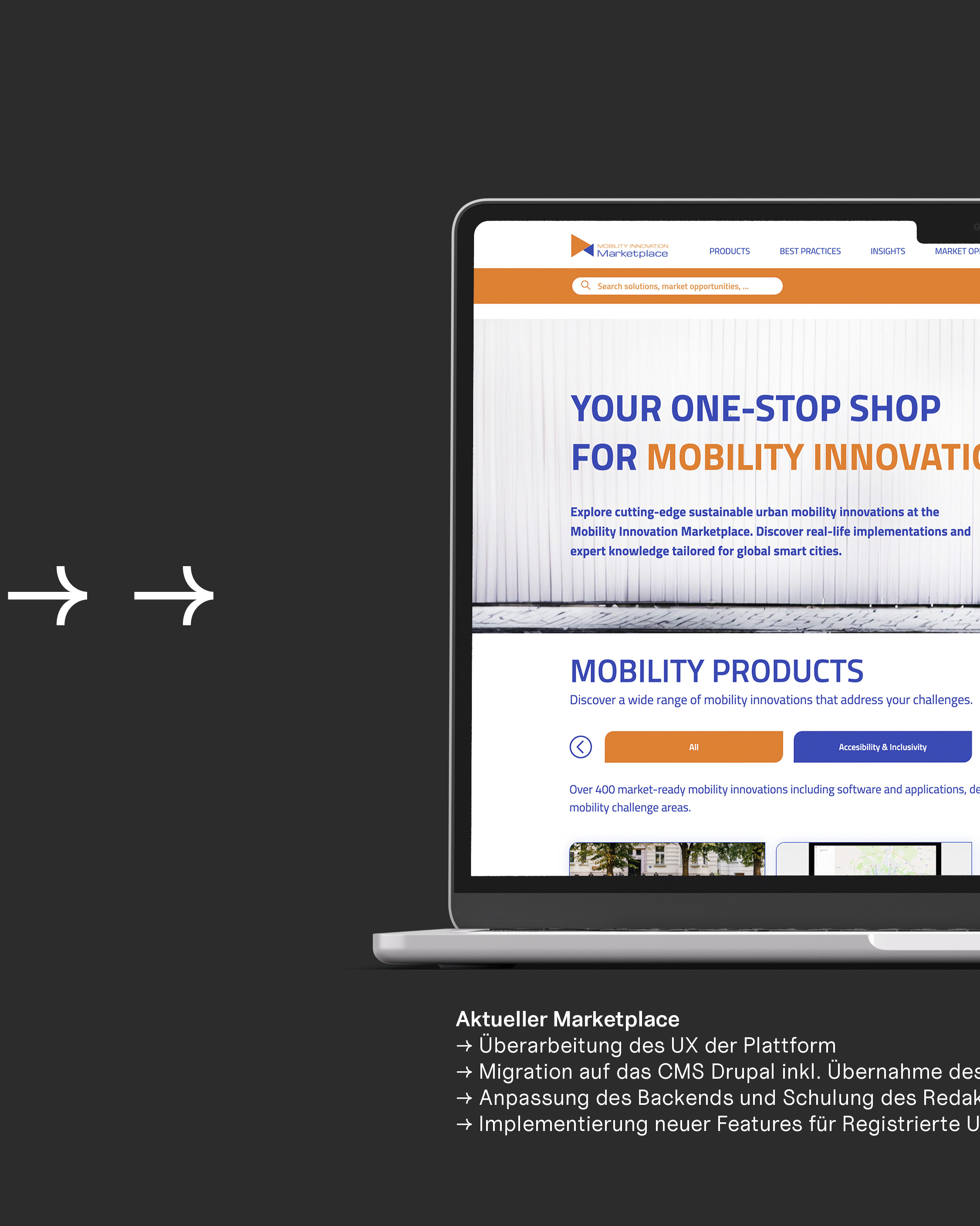 EIT Urban Mobility Marketplace auf Tablet-Bildschirm: One-Stop-Shop für nachhaltige Mobilitätsinnovationen mit über 400 Lösungen und Produktkategorien.